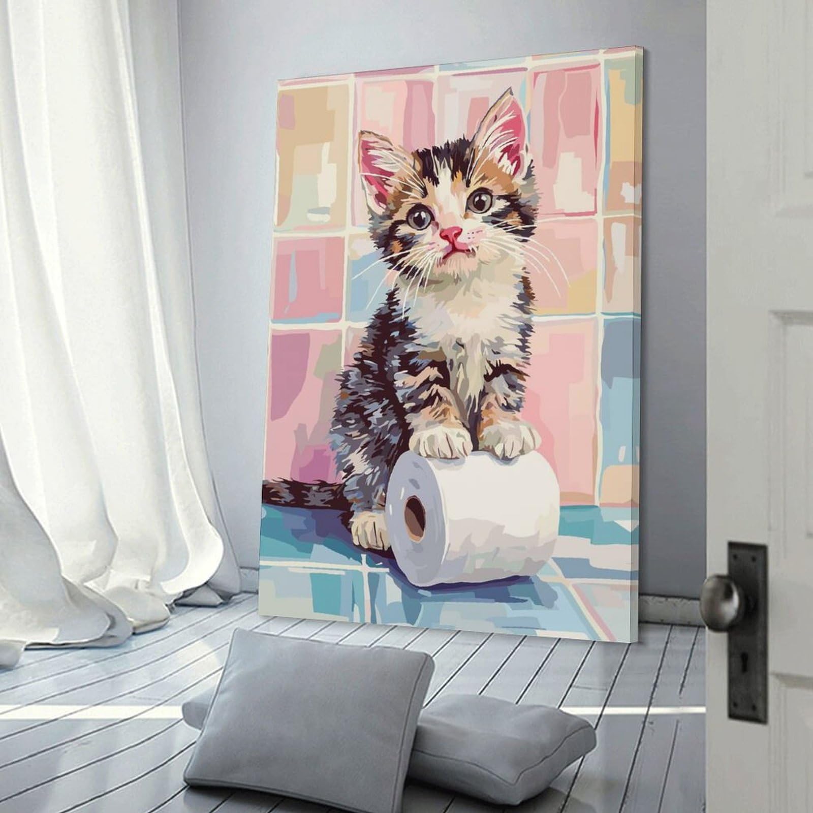 Junmoney Frame-Style-21-1 Kitten On Toilet Paper Roll Painting Wall Decor Canvas Print, 24X36inch(60X90cm), For Living Room, Lounge Or Sitting Room, Easy Decor For Gallery Walls
