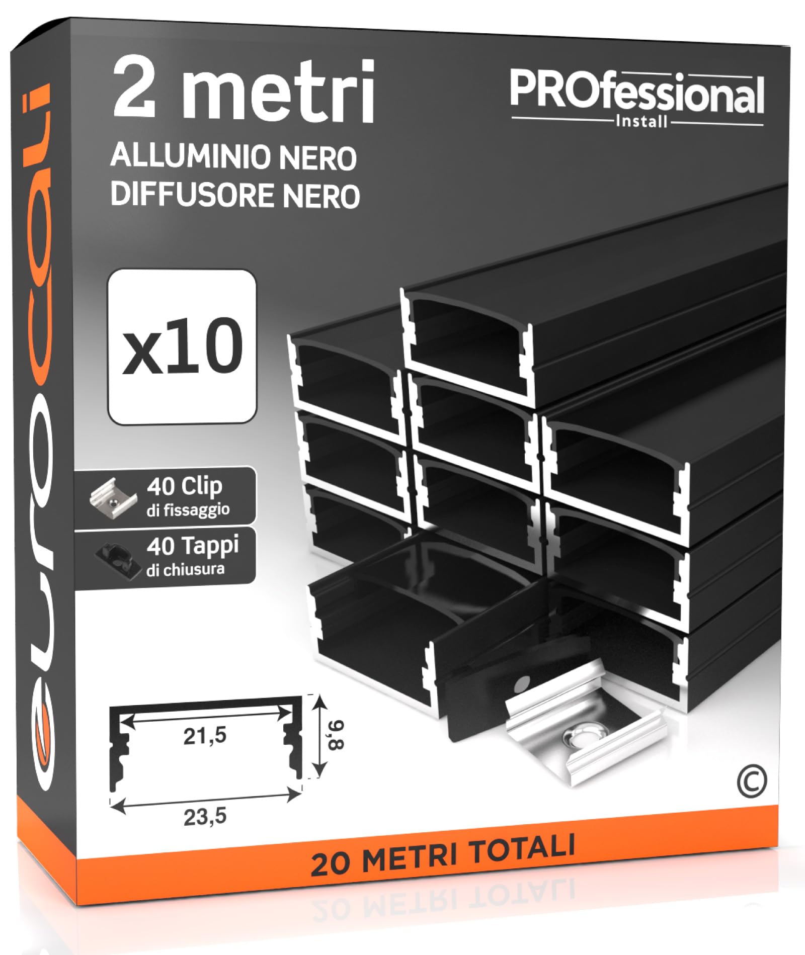Eurocali 10x Profili da 2 metri (20mt) in Alluminio Nero per Strisce LED Copertura Opaca larghezza max striscia led 21.5mm - 23.5 x 10