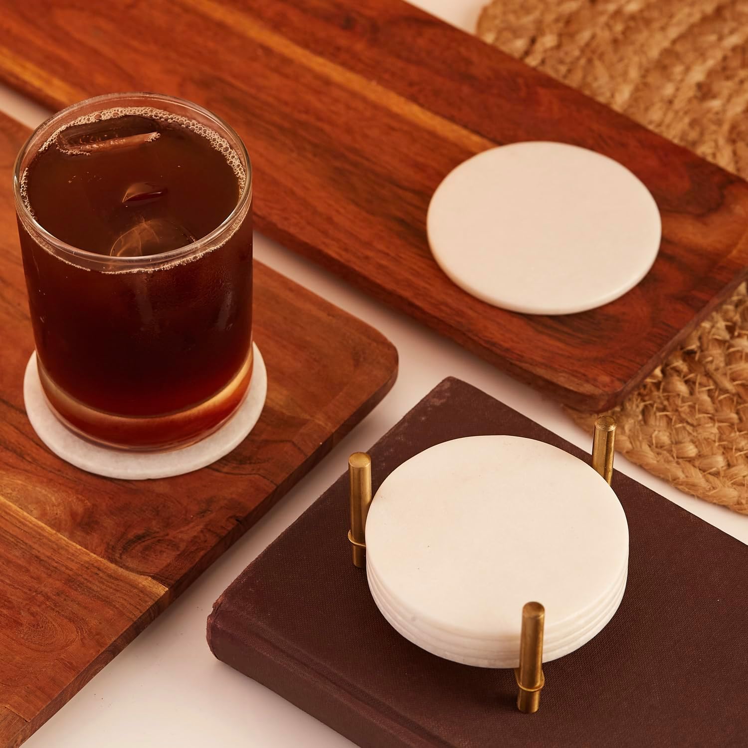 Queenza Marble Coasters for Drinks, Natural Stone Coasters Set for Coffee Table, Bar, Dining & Home Decor, Set of 6 Sleek 3.5-Inch, 5 mm Thick Tiles with Metal Holder, Polished from Both Sides - Image 3