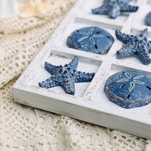 Miniatura 4 de NIKKY HOME Decoración de playa Tic Tac Toe 5 dólares de arena y 5 piezas de estrella de mar Juego de viaje en tablero de madera para decoración de