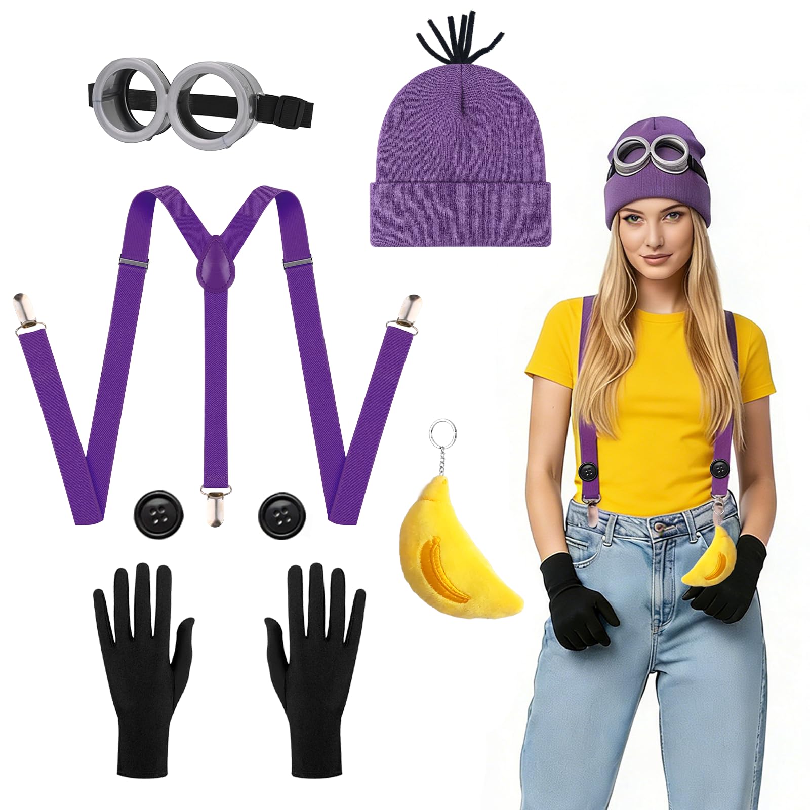 YAEGIMHT Yellow Costume Accessory Set, World Book Day Carnival Cosplay Costume, Include Hat, Goggles, Suspenders, Gloves