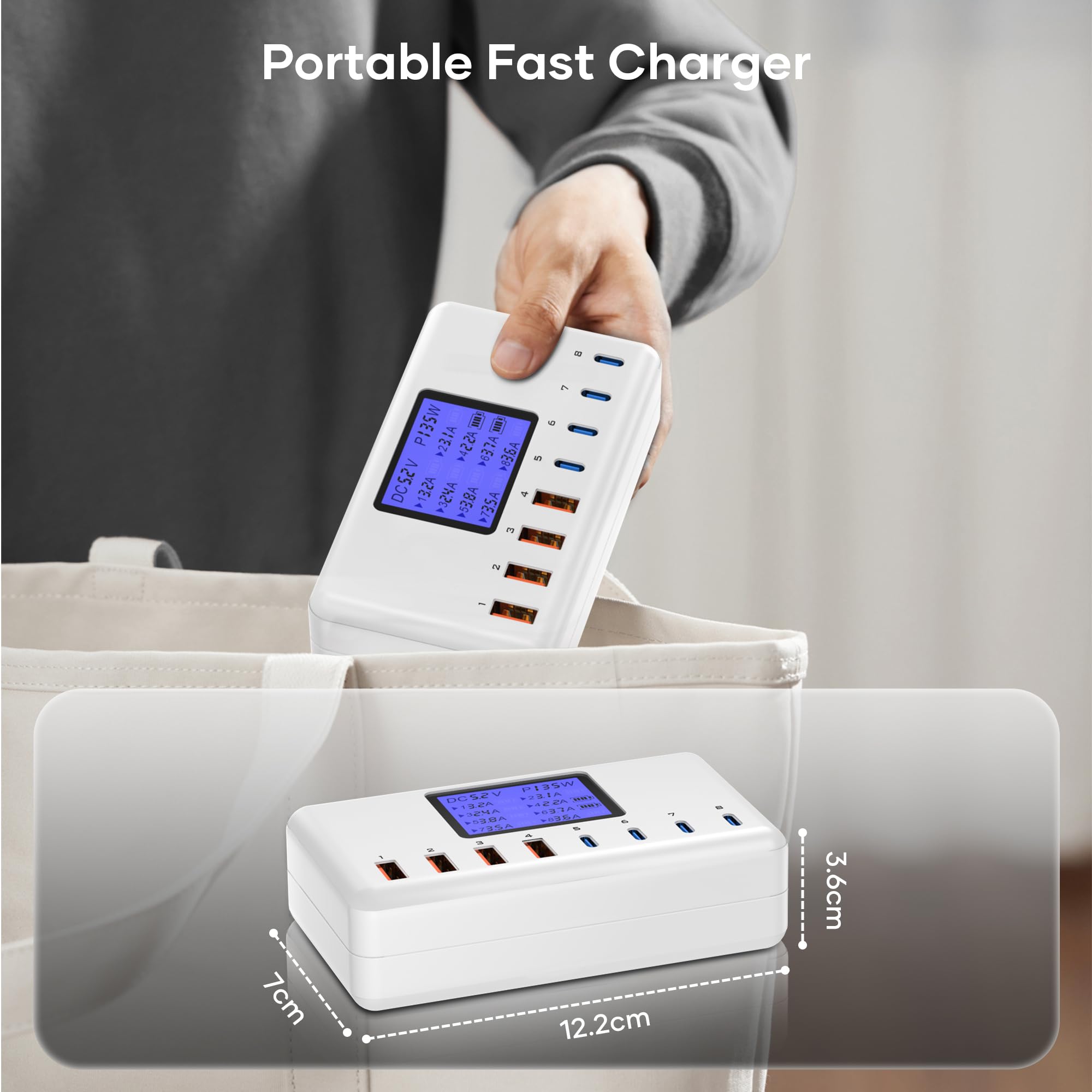 Caricatore USB C layajia, Caricatore Portatile USB Multiplo da 152W con display LCD digitale, 4 porte USB A e 4 porte USB C Caricatore rapido per iPhone 16, iPad, Samsung e altri dispositivi, ecc.