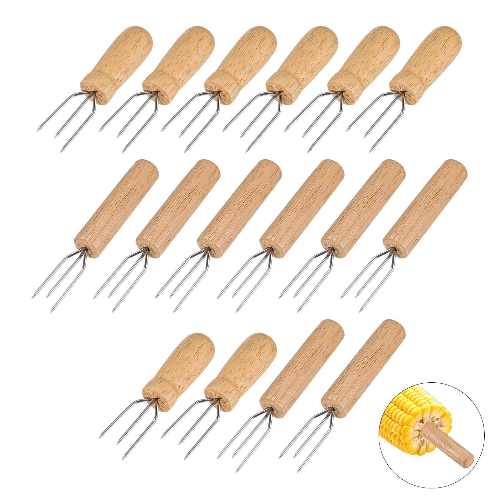 M METERXITY 16-Pack Corn Holders, 4.1/3.3 Inch Stainless Steel Corn on the Cob Holders with Wooden Handles for BBQ/Parties/Home Cooking/Camping, Cob Skewers [Wood Tone, 8 Small + 8 Medium]