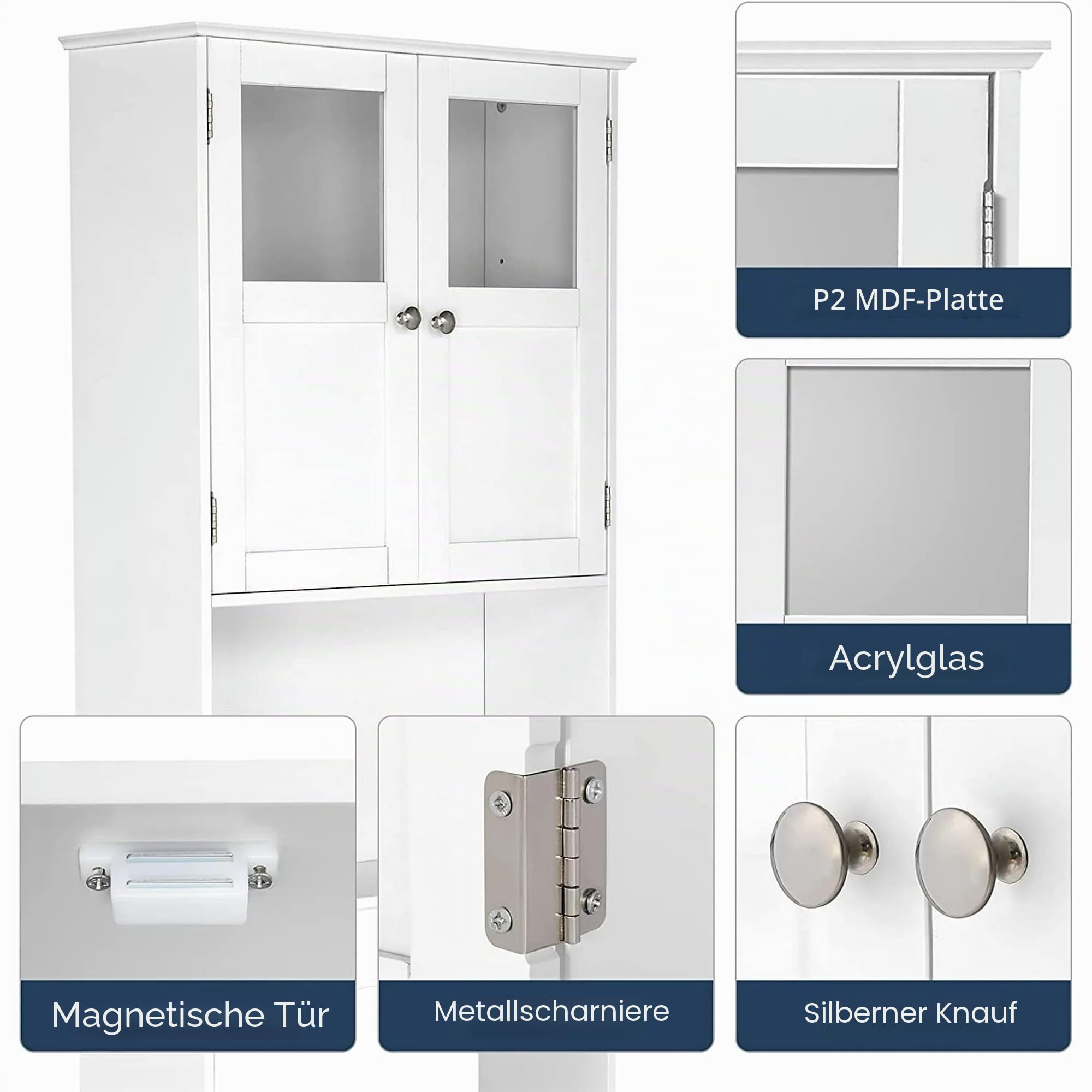 LEADZM Toilettenregal, Toilettenschrank, Regal über Toilette, WC Überbauschrank Freistehend, Überbau Toilettenschrank mit Doppeltüren für Badezimmer, 59 x 22 x 170 cm