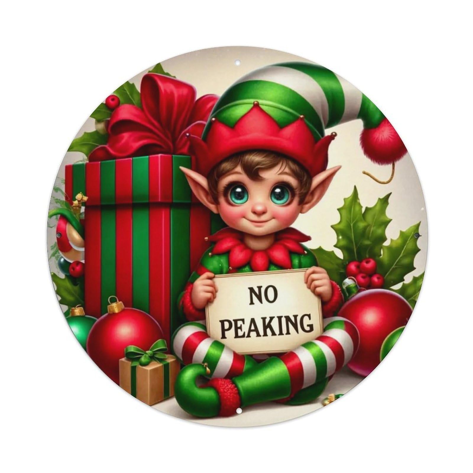 Elf Holding Sign No Peaking Tin Sign Metal Poster Vintage Metal Signs for Home Man Cave Bar Cafe Kitchen laundry room Wall Decorations Gift 8x8Inch
