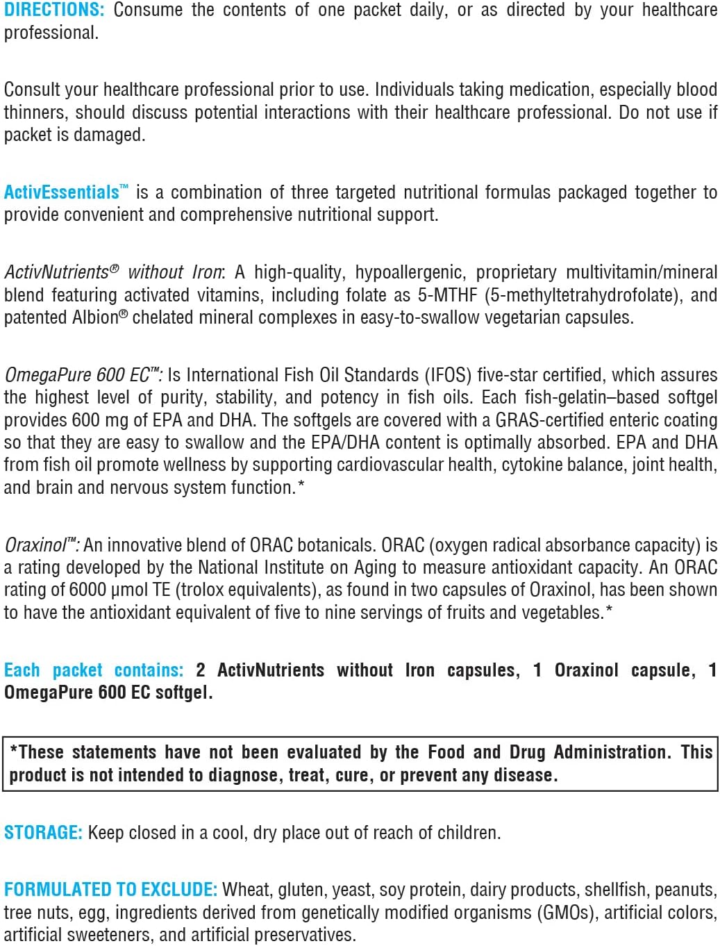 XYMOGEN ActivEssentials Packets - Daily Dose Pack Nutrition with 3 Supplements - ActivNutrients Multivitamin + Mineral Without Iron, Oraxinol, OmegaPure 600 EC Omega-3 Fish Oil (60 Packets) - Image 5
