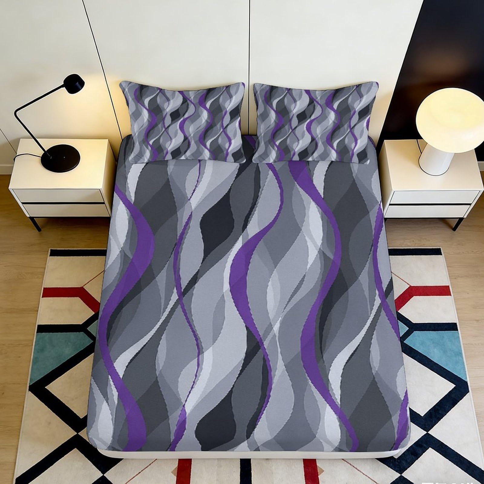 3D Printed abstract wave Fitted Sheet, soft touch Microfiber, wrinkle resistant, home decor, guest room bedding, non-slip, easy care, grey purple 90x200x25cm