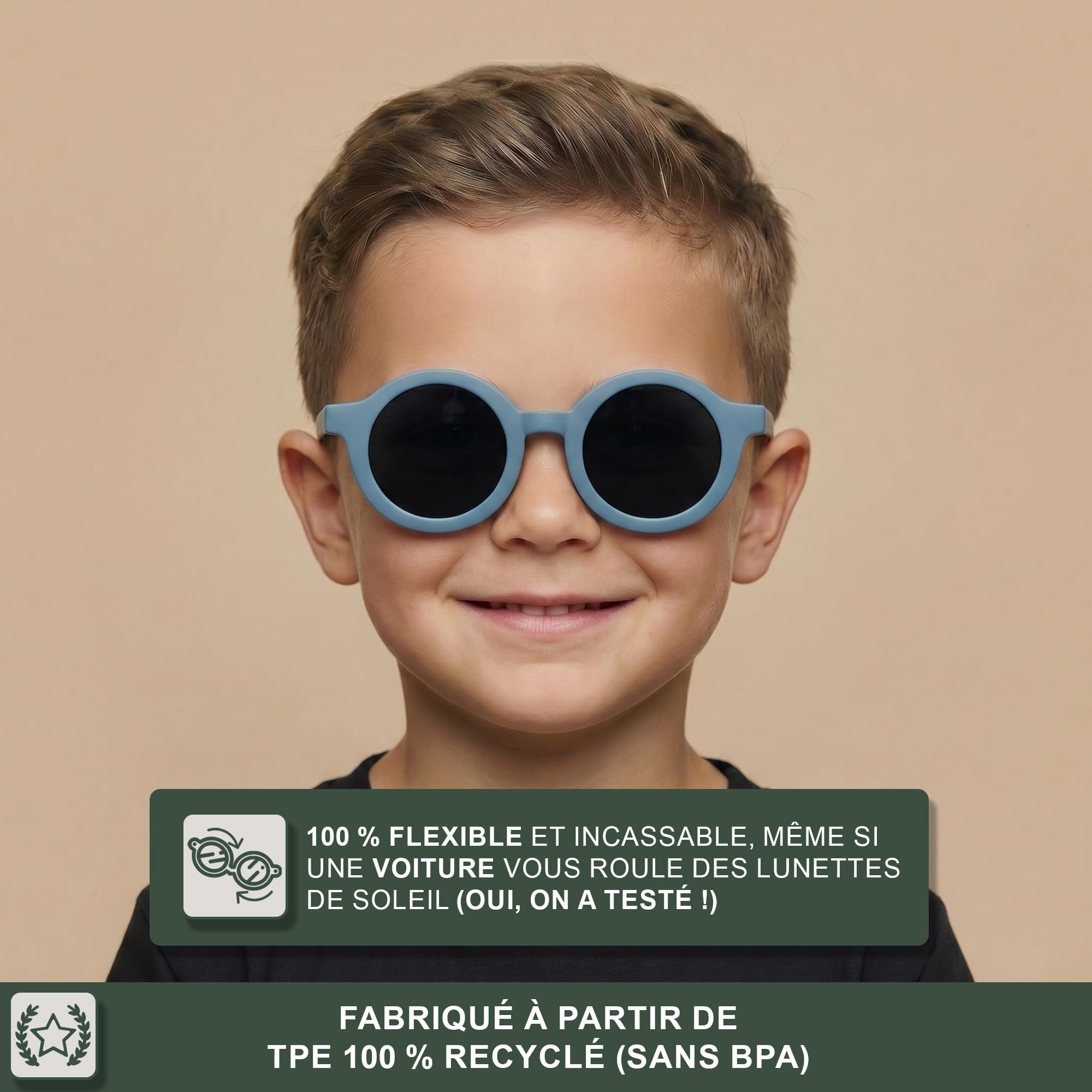 BABYMOCS Lunettes de soleil rondes pour enfants de 1,5 à 8 ans - Protection UV 100 % - Flexibles - Sans BPA - Sans substances nocives - Avec bande - Design suédois