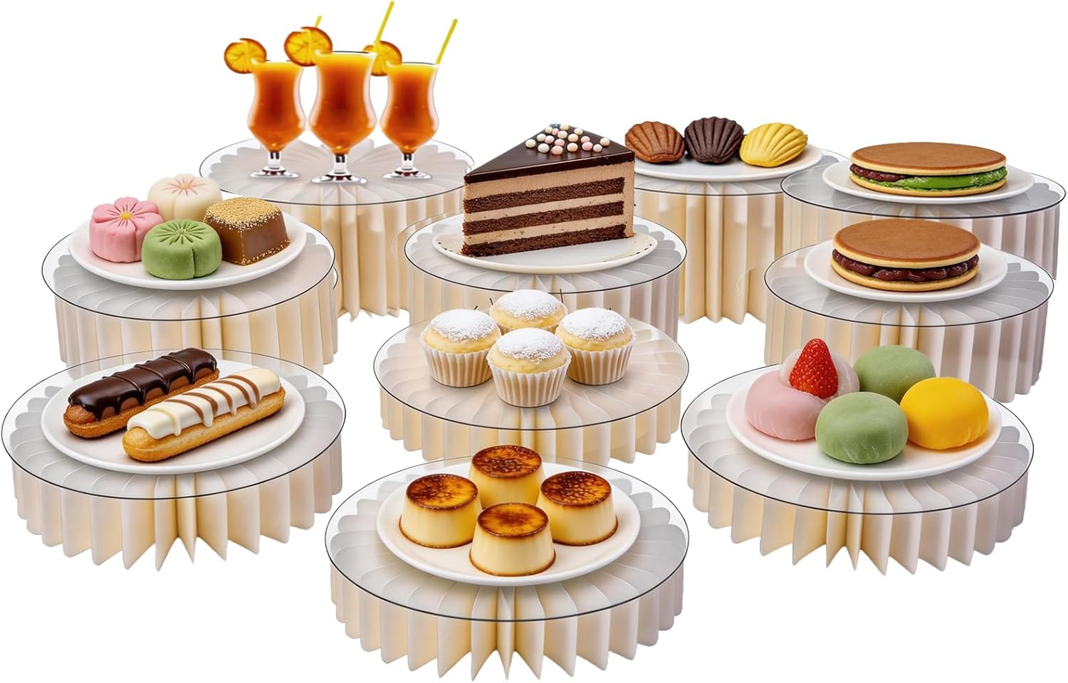 10Pcs Buffet Risers, Foldable Food Risers for Buffet Table, 12" Reusable Cardboard Display Risers Cylinder Stands with Acrylic Plates for Party, Wedding, Catering & Birthday Decor