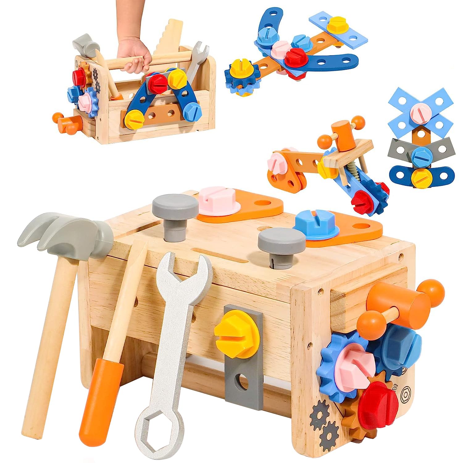 KANCAI Caja de herramientas de juguete de madera para niños, banco de trabajo para niños, juguete Montessori, regalo para niños y niñas, 2, 3, 4, 5 años, cinturón de herramientas, juegos educativos