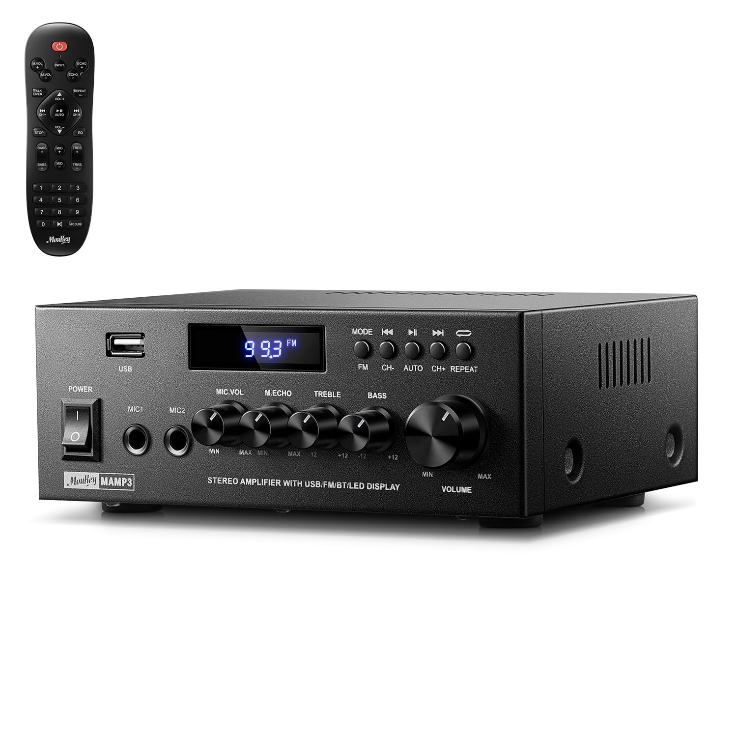 Moukeyアンプ ホームオーディオ、Bluetooth 5.3搭載2.0chステレオレシーバー、フル機能リモコン、FM、RCA、USB、マイク入力×2、ピーク出力300W、カラオケ・ガレージ・ホームシアター・MAMP3