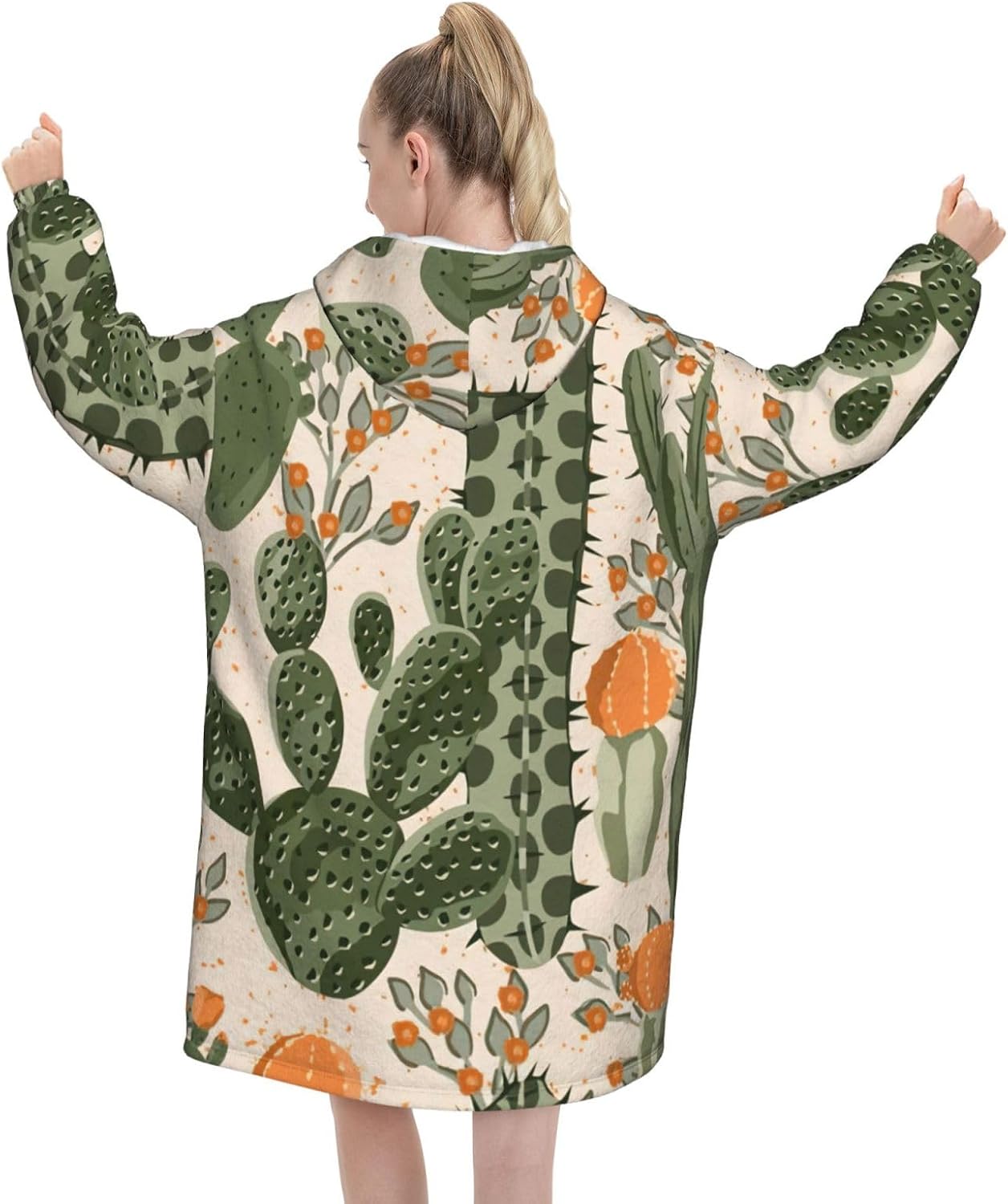 Green Cactusprint Oversized Hoodie Blanket, Super Soft Warm Comfortable Hoodie, Wearable Blanket Adult