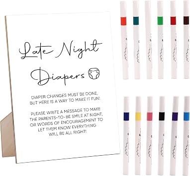 Late Night Diapers Sign, Baby Shower Sign for Baby Shower Centerpieces, Gender Reveal Party Favors for Babys Gender Reveal Games and Activities, White Simple Style Wood Sign & 12 Markers,3