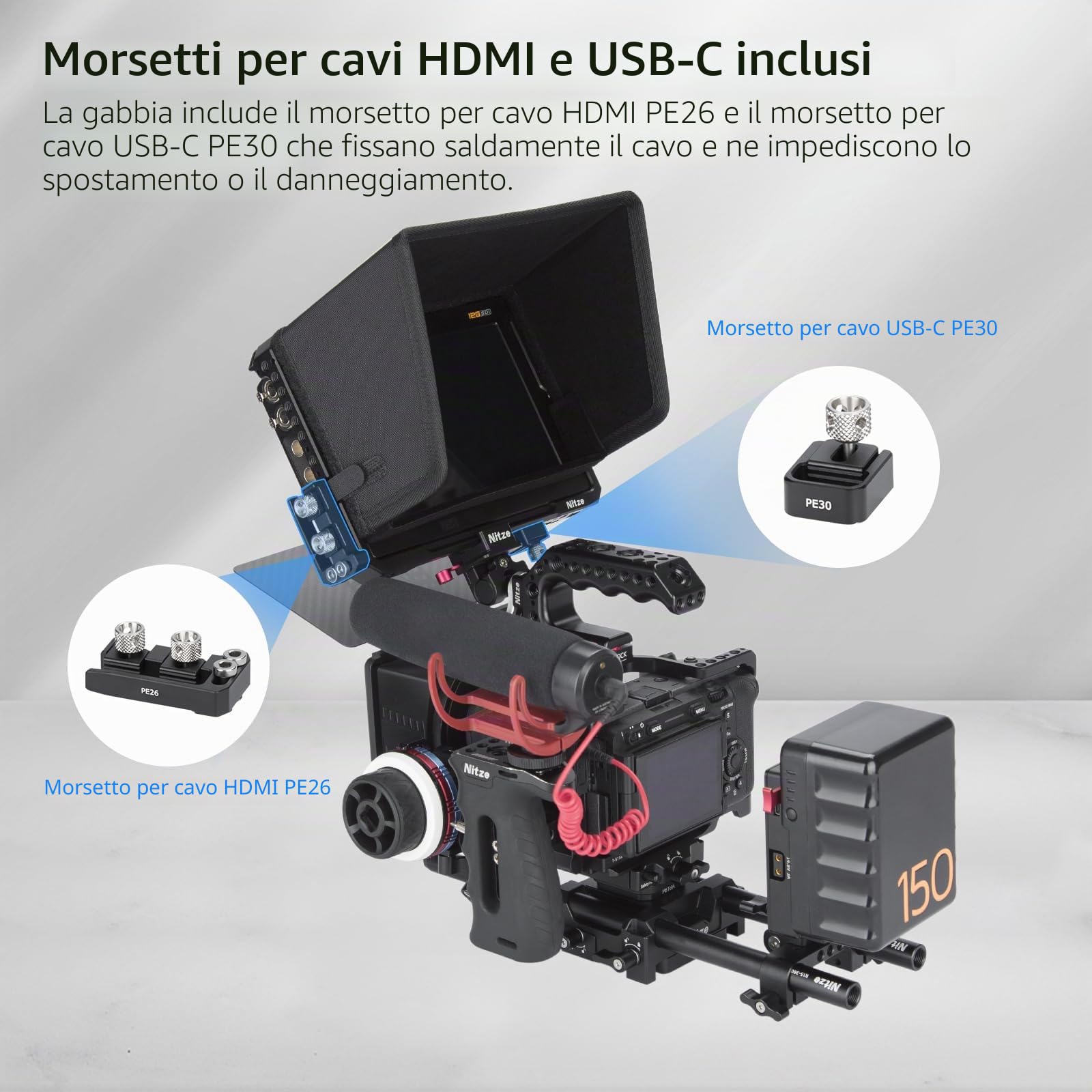 Nitze Cage per Monitor di Registrazione HDR Blackmagic Design Video Assist 7" 12G-SDI/HDMI con Parasole, Serracavo HDMI e Serracavo USB-C - JT-B02B