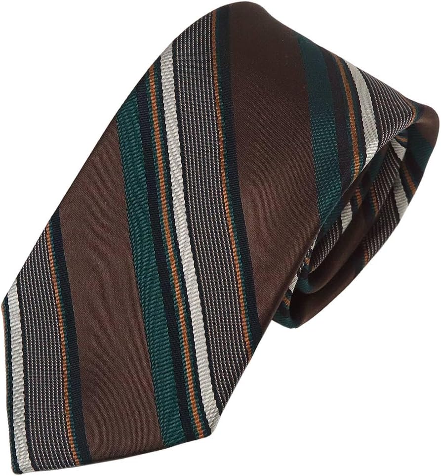 [フェアファクス] ネクタイ (サテン調ブラウン地にグリーン系×オフホワイト×オレンジのストライプ柄ネクタイ) FAS-2026