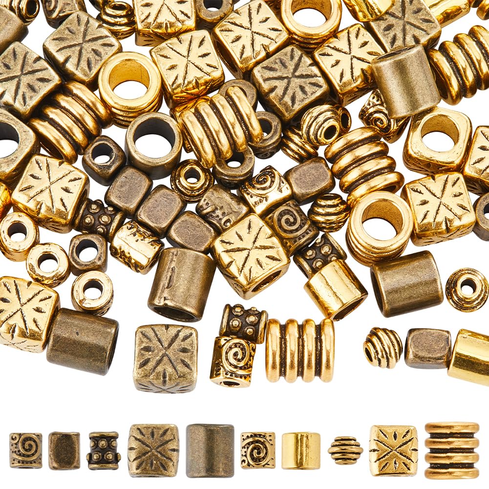 SUNNYCLUE 1 Box 100Pcs 10 Styles Metal Spacer Beads Tibetan Style Alloy Spacer Beads Column Rondelle Barrel Vintage Antique Bronze Gold for Jewellery Making Supplies DIY Necklaces Bracelets