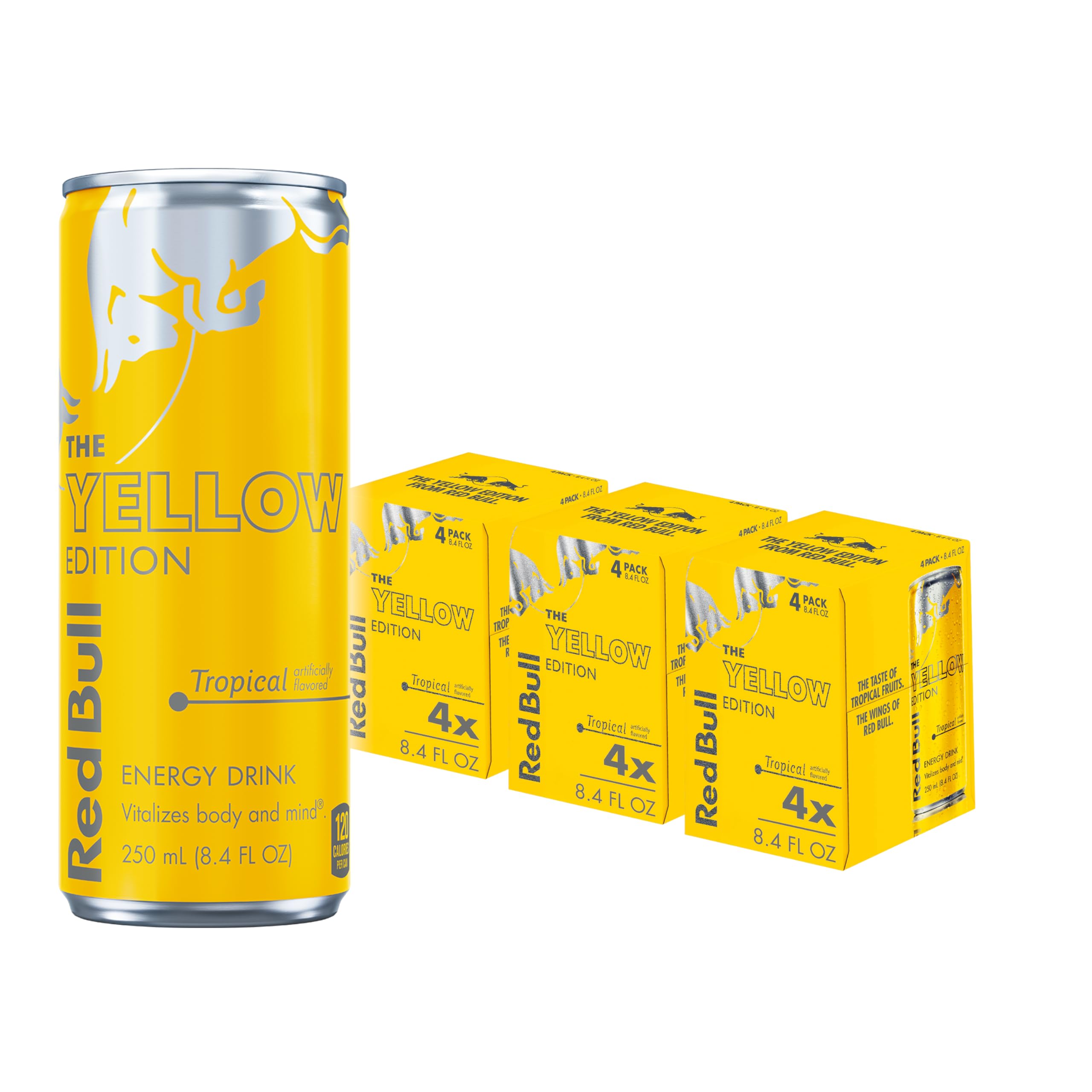 - Yellow Edition Energy Drink, Tropical, with 80mg Caffeine plus Taurine & B Vitamins, 8.4 Fl Oz, Pack of 12 Cans