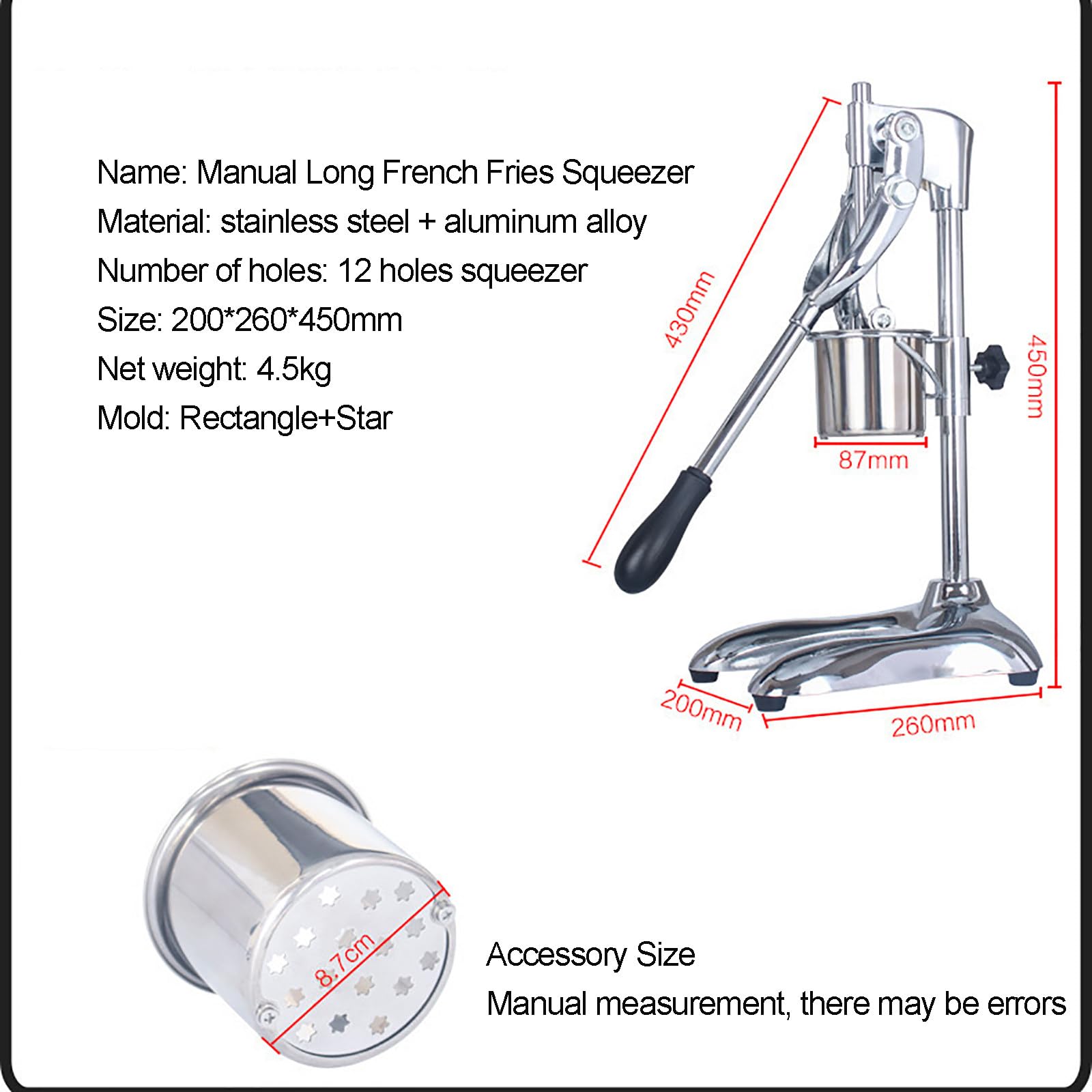 Friggitrice per patatine fritte, in acciaio inox, 12 fori, estrusore di grado commerciale per patatine croccanti perfette, ideale per uso domestico e ristorante