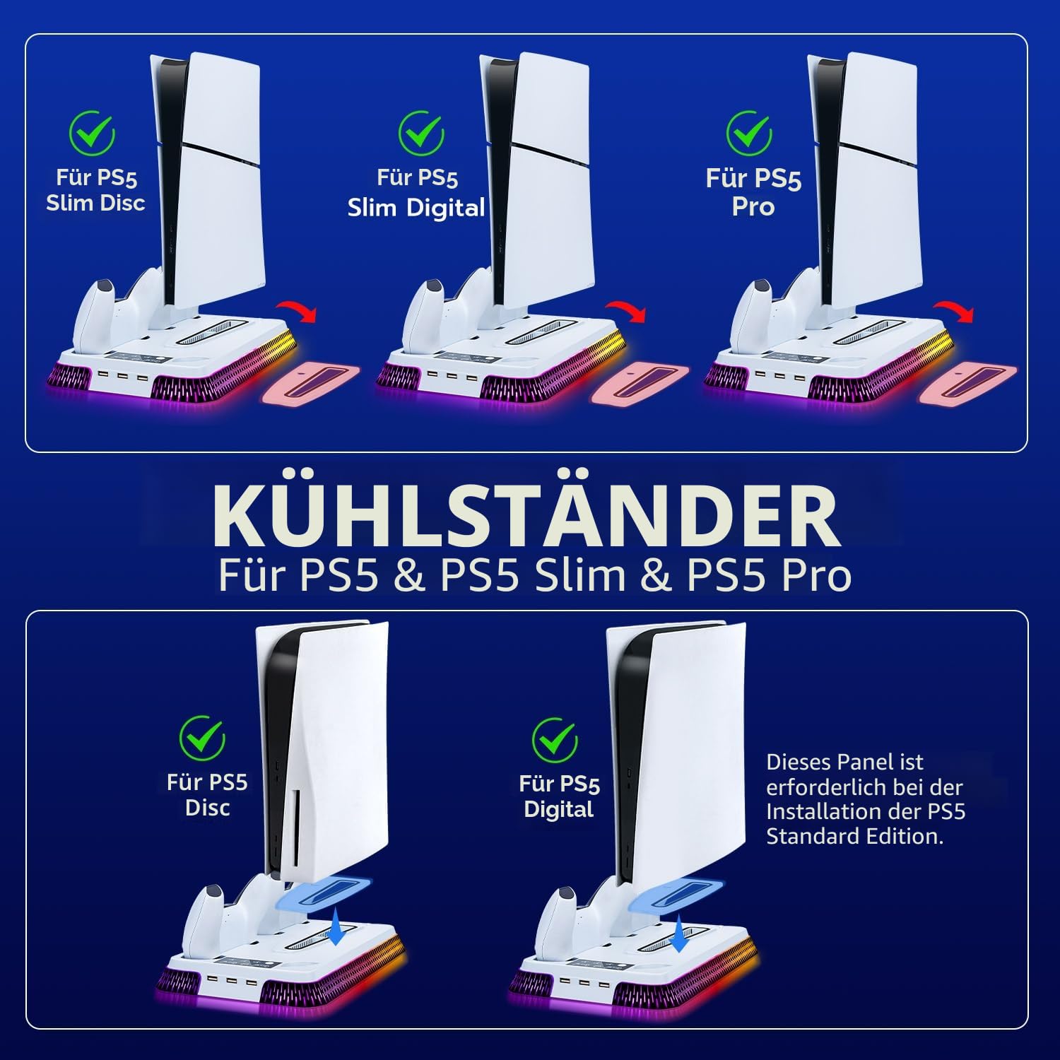PS5 Standfuß mit Lüfter und Controller Ladestation, Vertikaler PS5 Ständer mit RGB Licht, Headset Halter und Remote Steckplatz, 3-Stufige Kühlung für PS5/PS5 Slim/PS5 Pro Disc & Digital Edition, Weiß