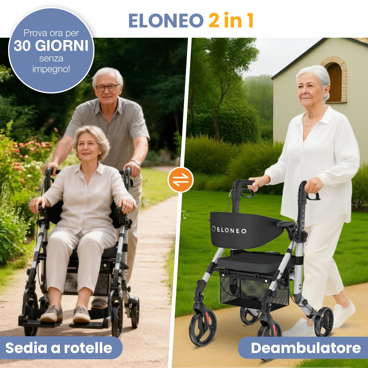 ELONEO Sedia a Rotelle Rollator 2 in 1 Pieghevole e Leggero con Seduta, Rollator da Esterno Pieghevole e Leggero per Tutti i Terreni, Deambulatore in Alluminio, Sedia a Rotelle da Trasporto, argento
