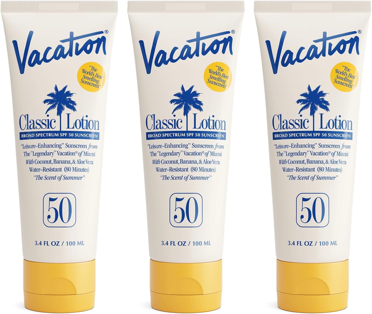 Classic Sunscreen Lotion SPF 50 3-Pack, Water Resistant Broad Spectrum Sunscreen Sun Block, Vegan Sun Tanning Lotion, Body Lotion with SPF, Travel Size Sunscreen, 3.4 fl. Oz. (Pack of 3)