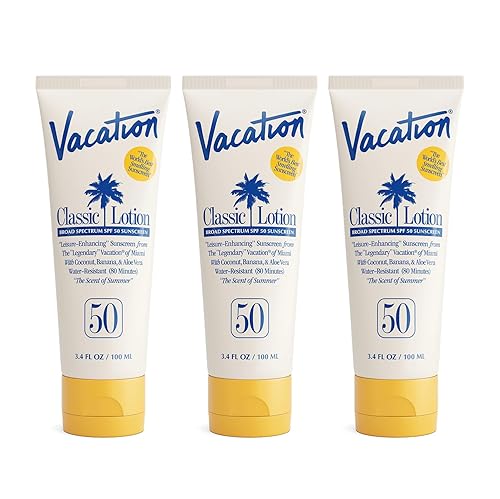 Vacation Loción de protección solar clásica SPF 50, paquete de 3, protector solar de amplio espectro resistente al agua, loción bronceadora solar