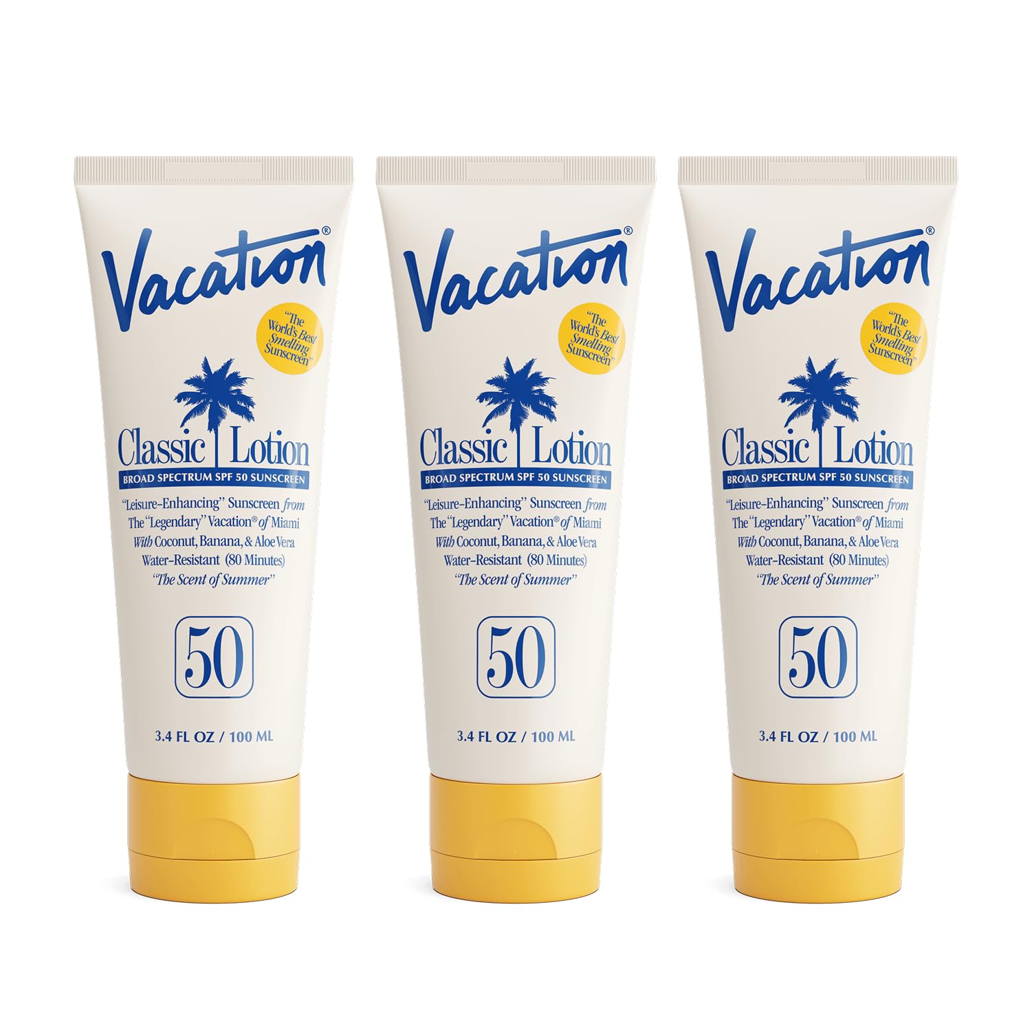 Vacation Classic Sunscreen Lotion SPF 50, Water-Resistant, Lightweight, Transparent on All Skin Tones, Dermatologist-Tested, Vegan, Travel Size, 3.4 Fl. Oz. (Value Pack of 3)