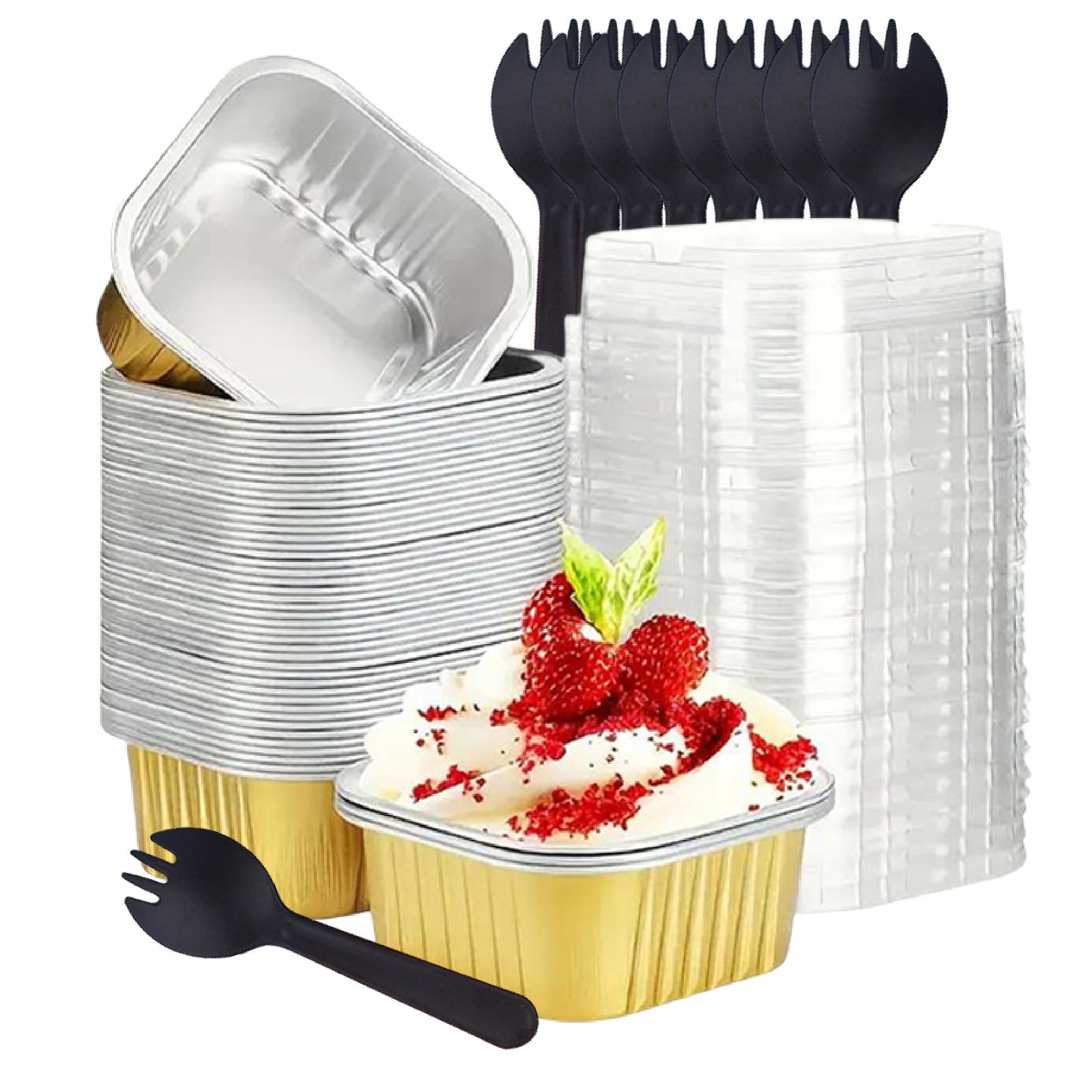 50Pcs Mini Cake Tins with Lids and Spoons, 150ml Mini Loaf Cake Cases, Square Aluminum Foil Baking Pans, Reusable Aluminum Mini Cake Tins, for Bread Dessert Wedding Birthday Party (Golden-50Pack)