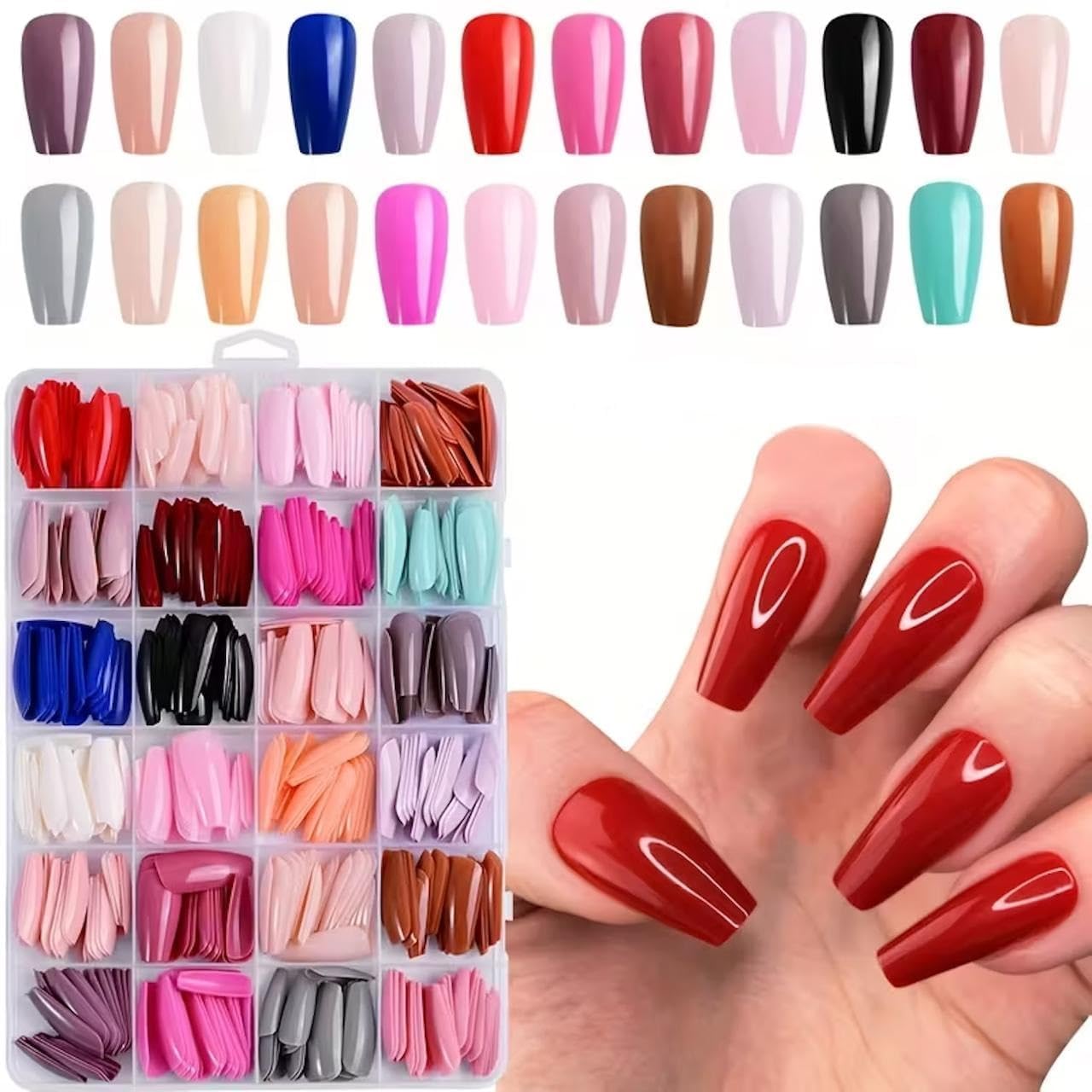 Press On Nails 24 Color 576Pcs Artificial Nails for Women Girls Glossy Matte Colored Fake Stick On Nails Medium Length With Nail File, Adhesive Tabs Sticks-image-20
