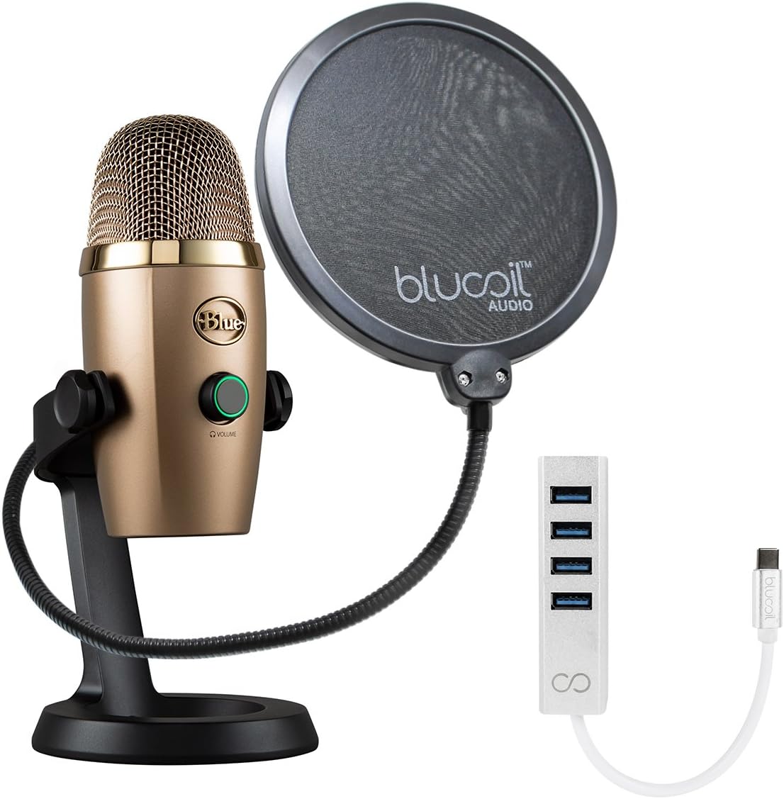Blue Microphones Yeti Nano USB Mic for Podcasting, VoIP Conference (Cubano Gold) Bundle with Blucoil Pop Filter Windscreen, and Mini USB Type-C Hub with 4 USB Ports