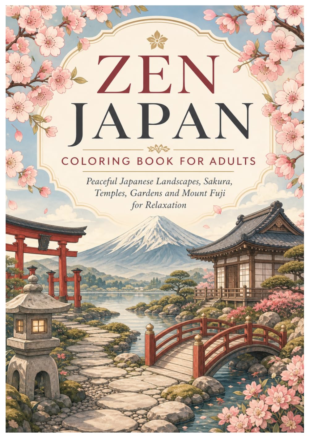 Zen Japan Coloring Book for Adults: Peaceful Japanese Landscapes with Sakura, Temples, Gardens, Mount Fuji and Onsen Towns for Relaxation