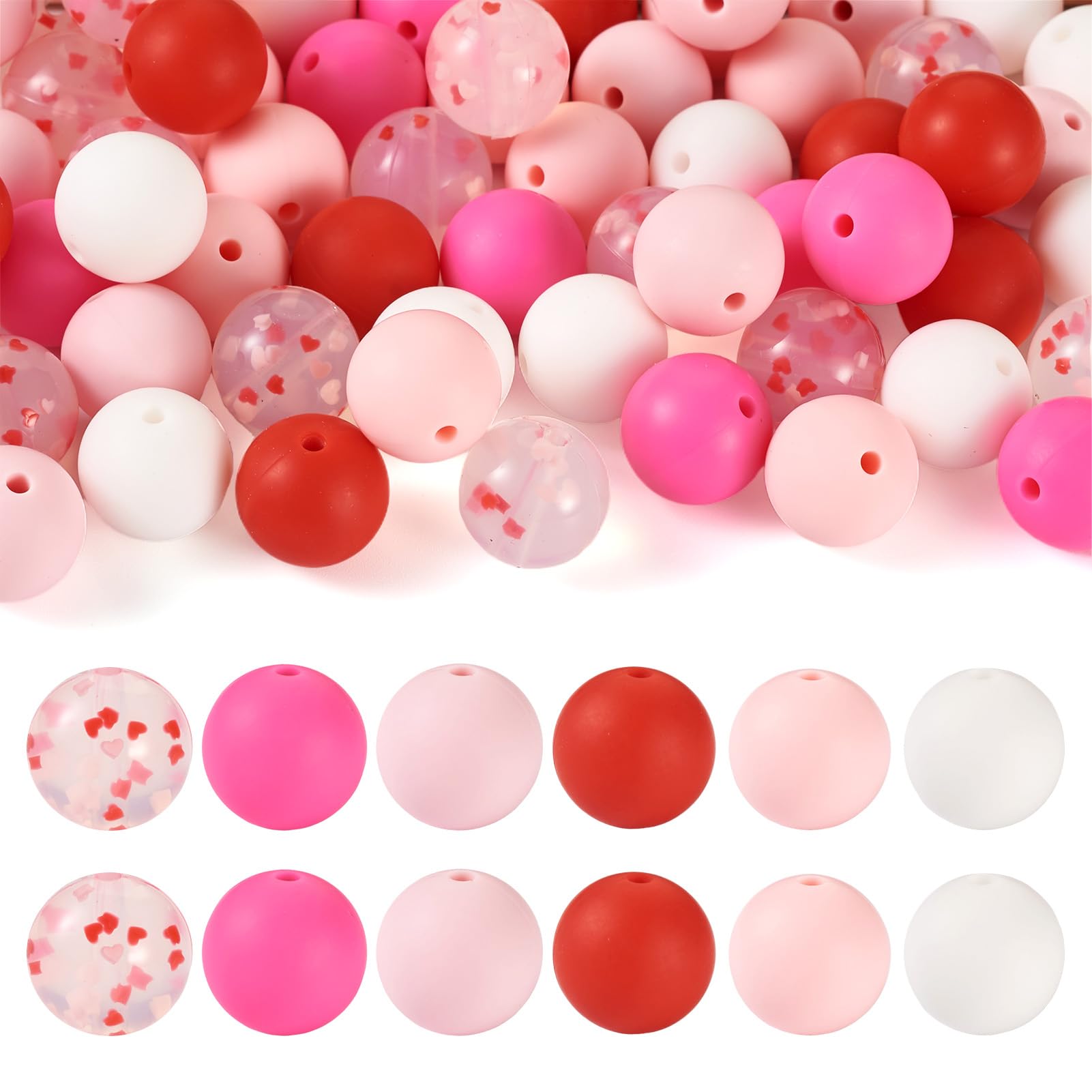 Crafans 65Pcs Silicone Loose Beads 15MM Round Red & Pink Beads Silicone Bead Soft Rubber Spacer Beads Chunky Beads for DIY Keychains Beadable Pens Decorations Bracelet Jewelry Making