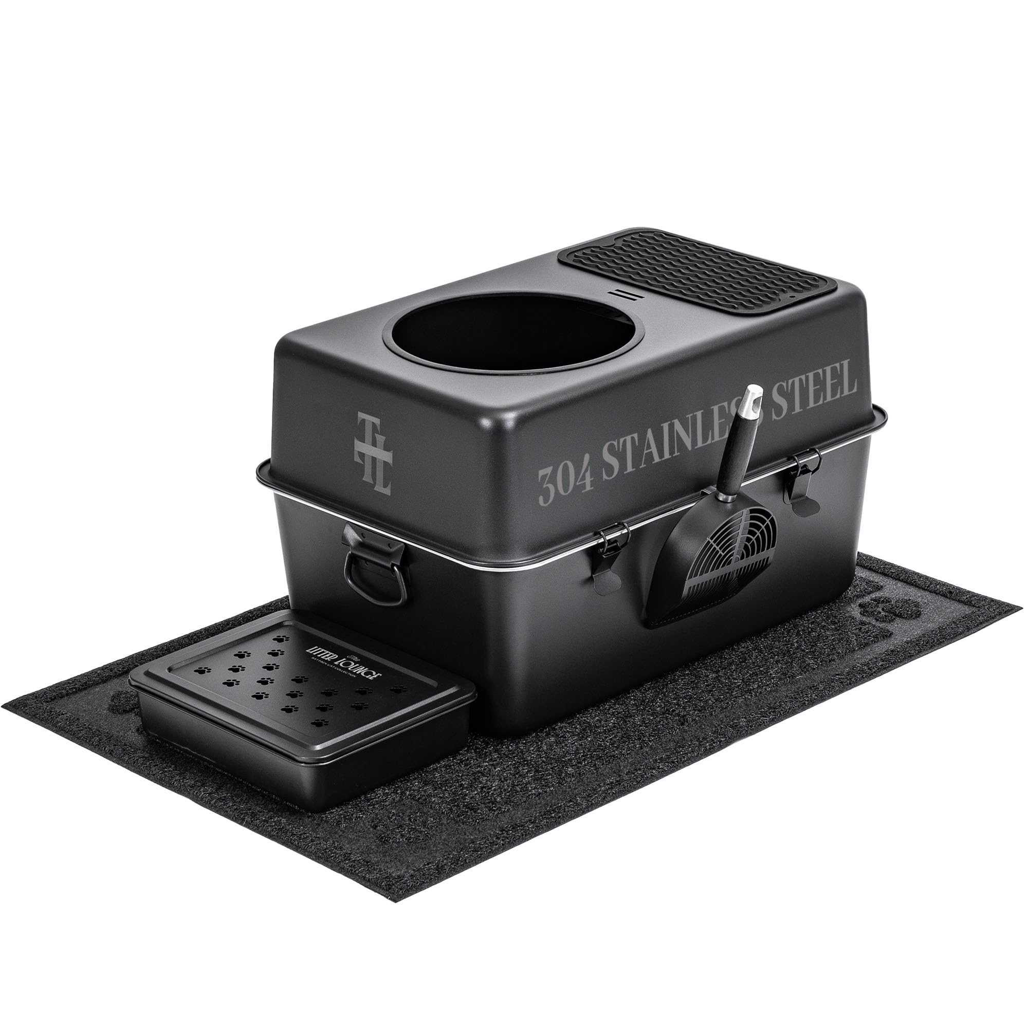 304 Stainless Steel Fully Enclosed Top-Entry Cat Litter Box Leak-Proof Design, Metal Scoop & XL Litter Mat, Side Clamps & Handles for Large Cats (Black, X-Large)