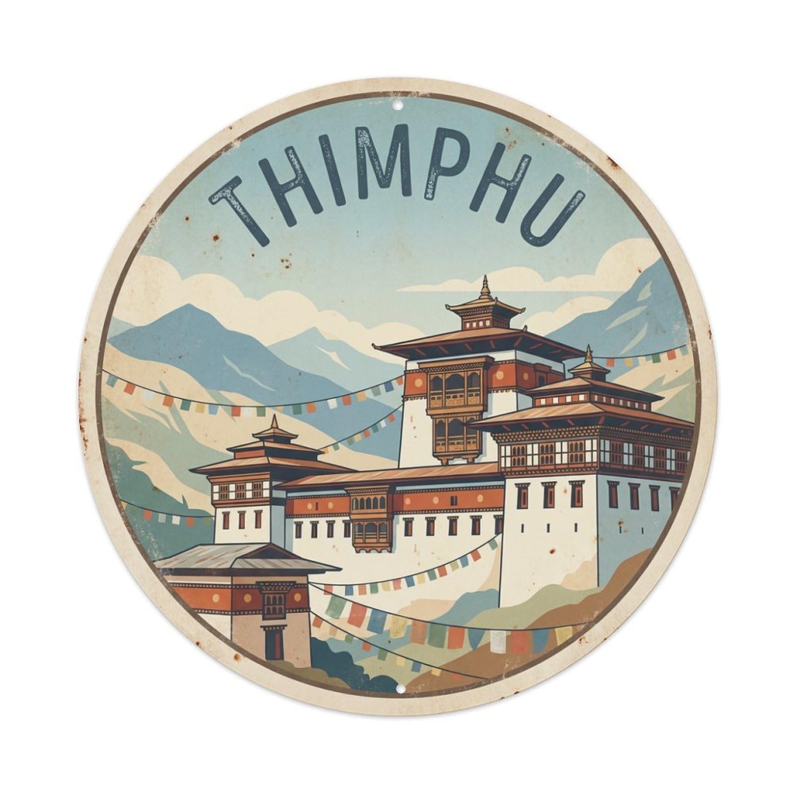 Vintage Travel Bhutan Thimphu Metal Tin Sign