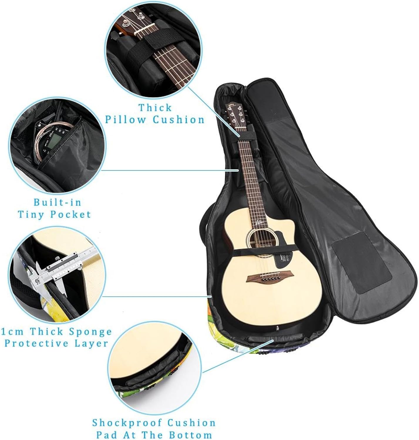 40 41 42 Inch Acoustic Guitar Bag, 0.4 In Thick Sponge Padded Guitar Case Gig Bag with Back Hanger Loop and 2 Pockets, Seamless Watercolor Fruits Pattern