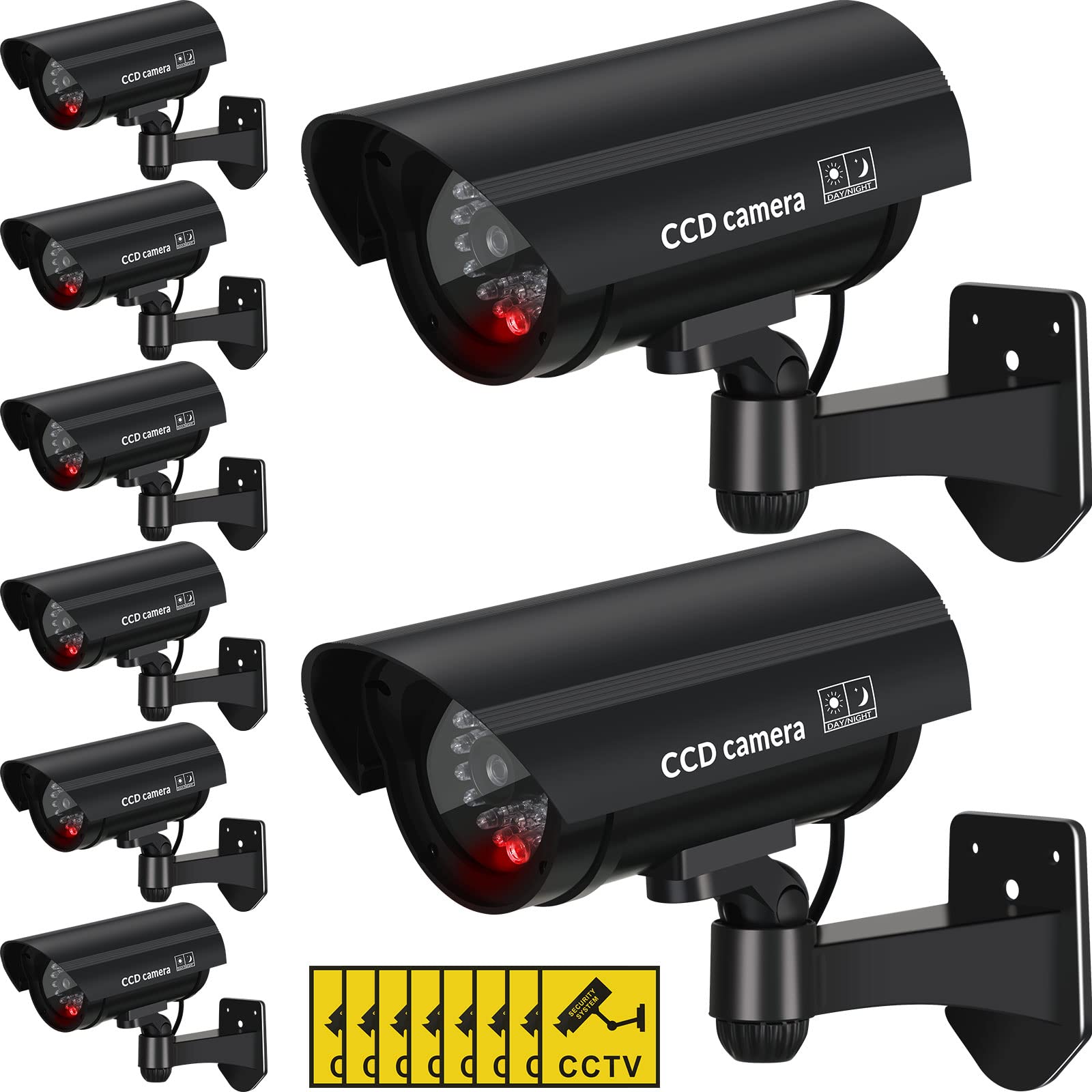 Macarrie 8 Stück gefälschte Kamera, realistische Attrappe, Sicherheitskamera, Kunststoff, gefälschte Video-CCTV-Überwachungssystem mit Bewegungs-LED-Licht für Zuhause, Außen, Innenbereich, keine