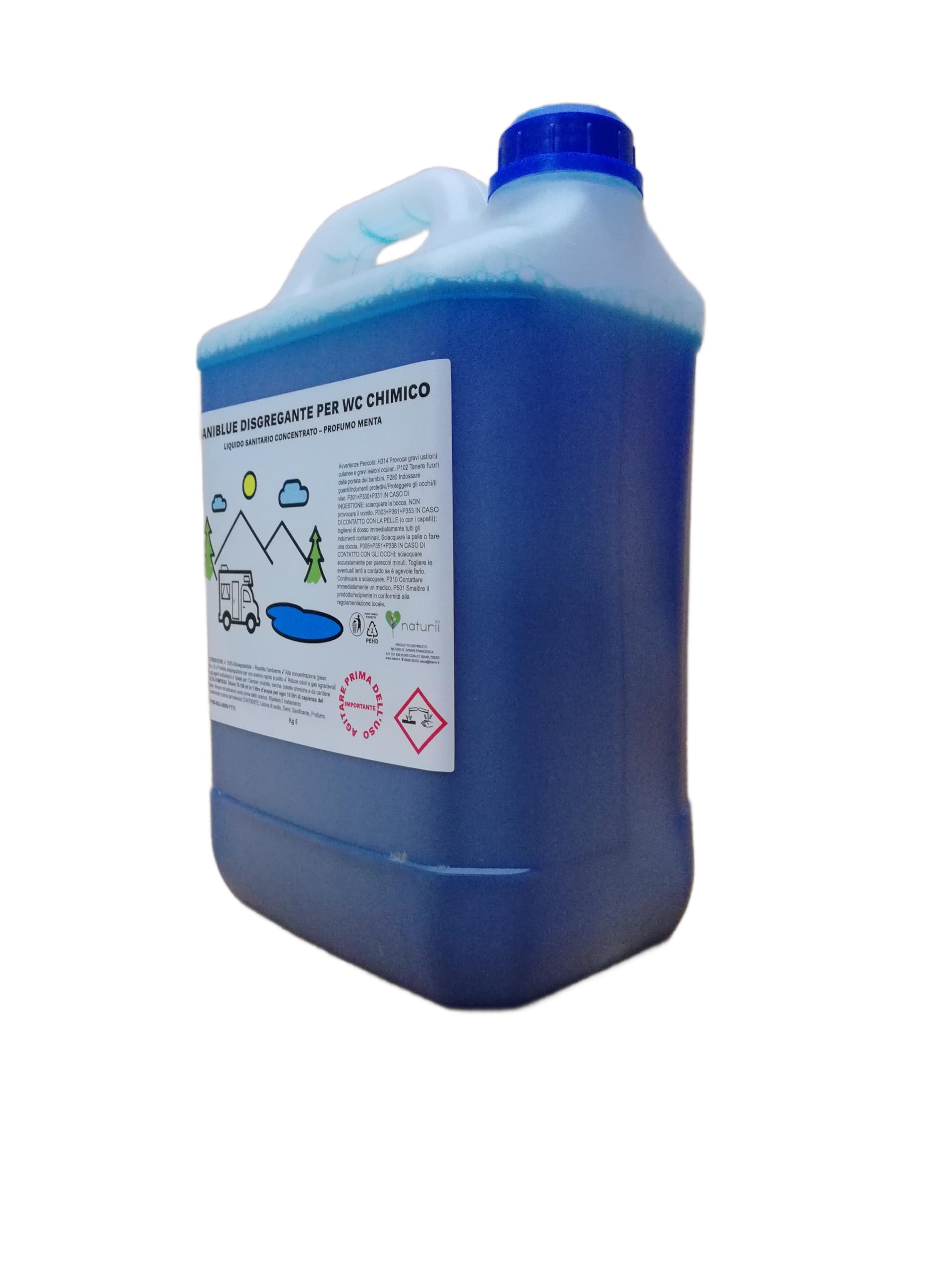 Saniblue Liquido Sanitario Disgregante Concentrato per Wc Chimico, 5 kg per Serbatoio Camper, roulotte Gabinetto da Campeggio, Acque Nere, WC Portatile portatili Toilette chimiche profumo agrumi