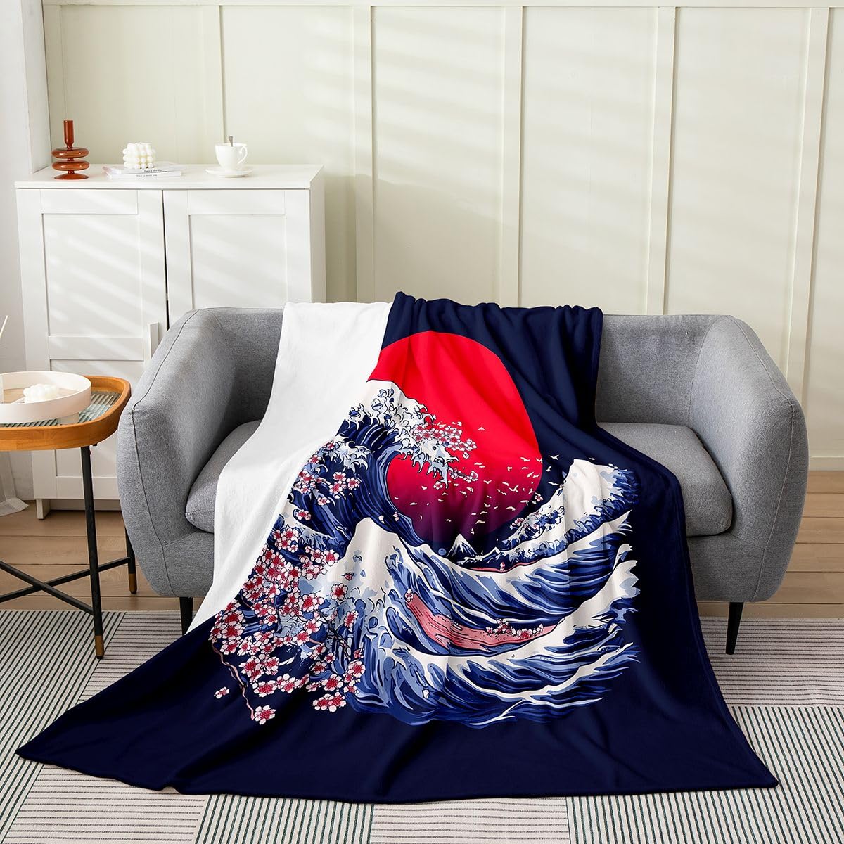Japanese Style Throw Blanket,Sea Waves with Sunrise Flannel Blanket for Room Decor,Ukiyoe Ocean Soft Bedding Set,All Seasons Super Soft,Queen 90"x90"