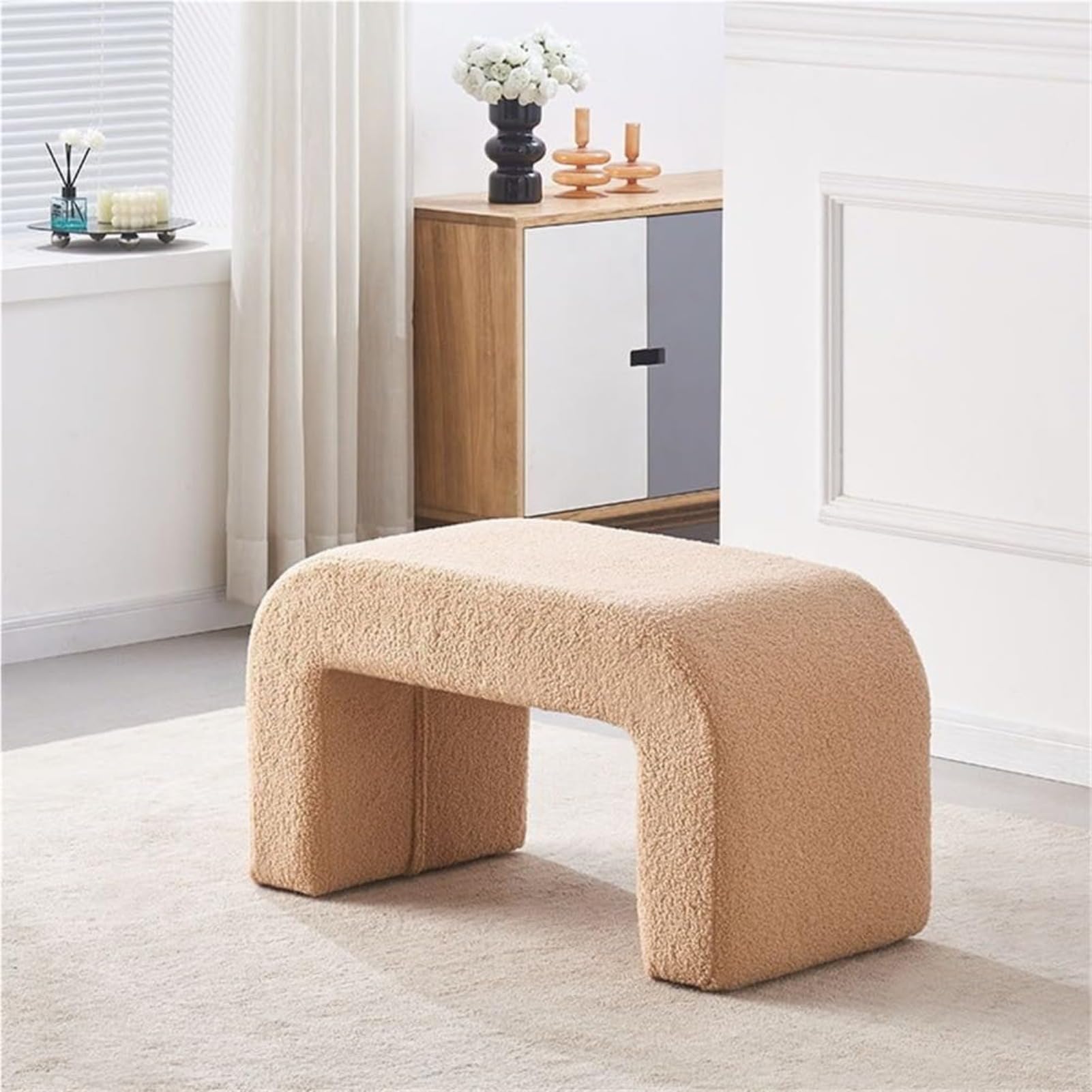 KLGFBDC Modern Minimalist Shoe Bench - Upholstered Faux Shearling Ottoman with Arched Footrest for Entryway Living Room Hallway & Makeup Room - Khaki (80x40x43cm)