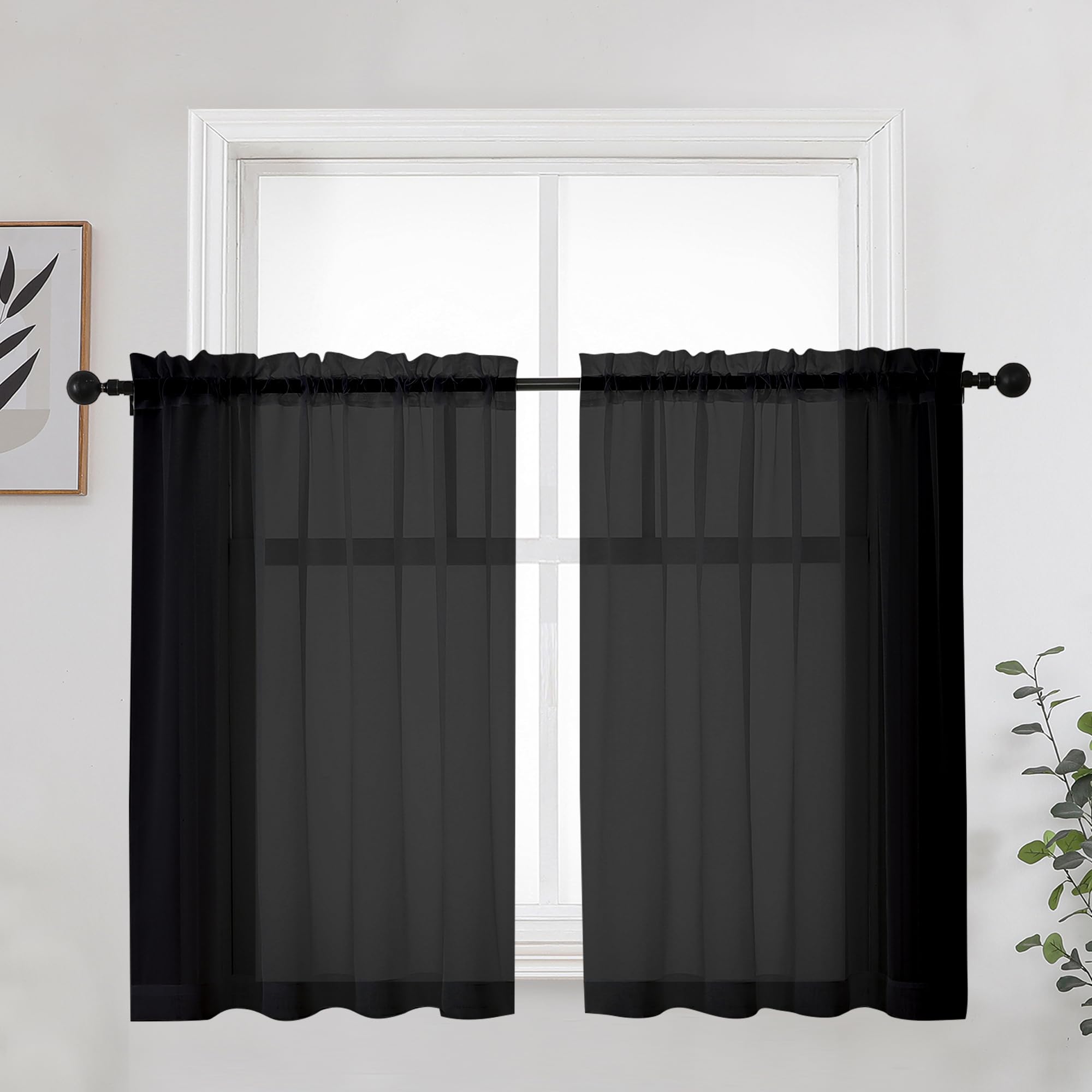 Short Black Sheer Curtains 36 Inches 2 Panels Set - Kitchen Tiers Valances Curtains Light Filter Rod Pocket Voile Cafe Curtains for Kitchen Bathroom Small Half Window, 42 in W x 36 in L, Black