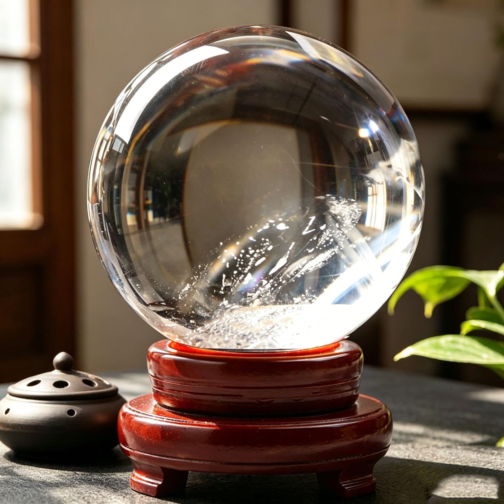 Sfera di Cristallo per Meditazione e divinazione Sfera di Cristallo Feng Shui, Sfera per Lenti, Sfera Decorativa con Supporto in Legno Trasparente per Decorazione Domestica,4CM