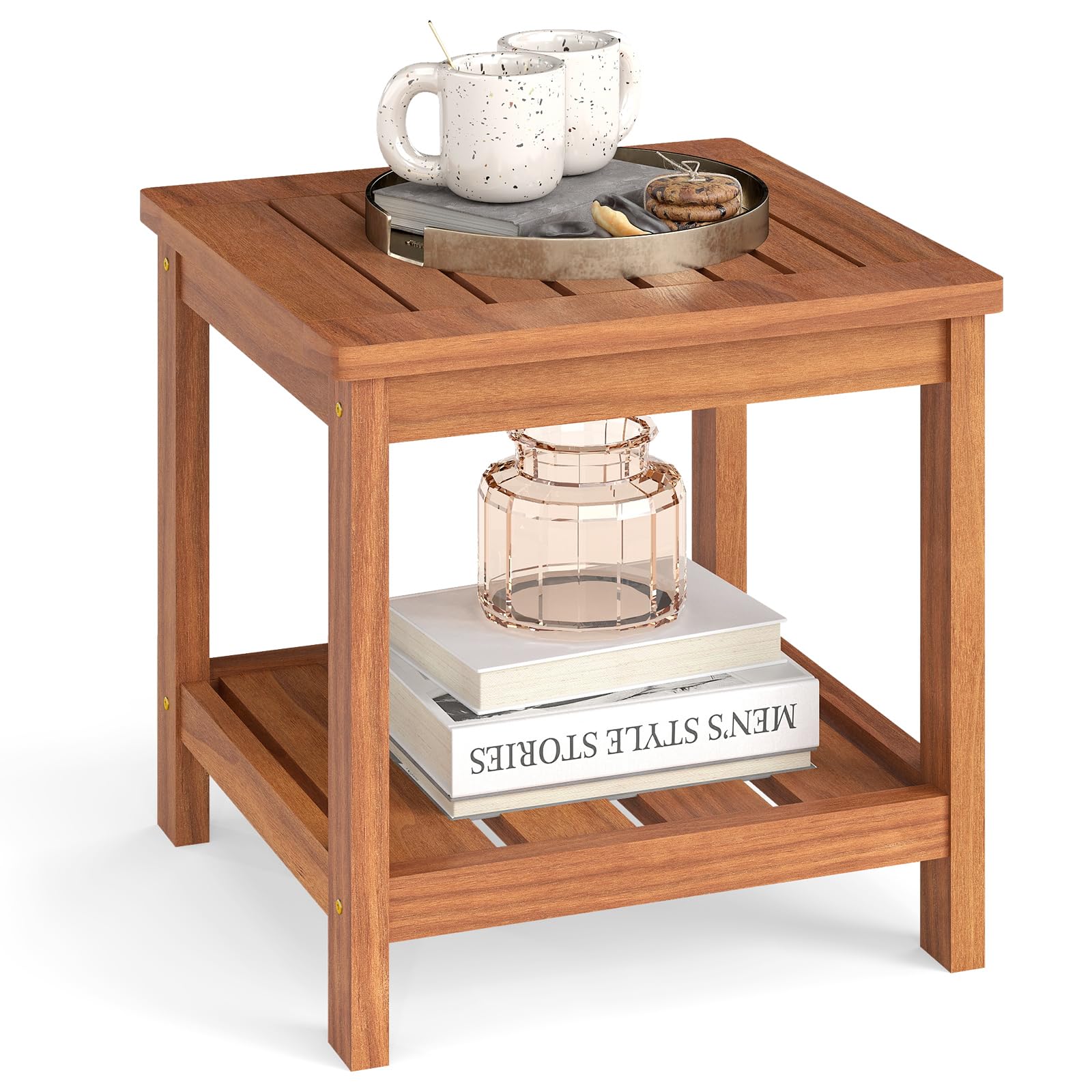 COSTWAY Tavolino Laterale da Esterno a 2 Livelli, Tavolino da Caffè in Legno Massello con Ripiano Portaoggetti, Tavolo Quadrato in Stile Rustico per Patio, Giardino, Veranda e Soggiorno