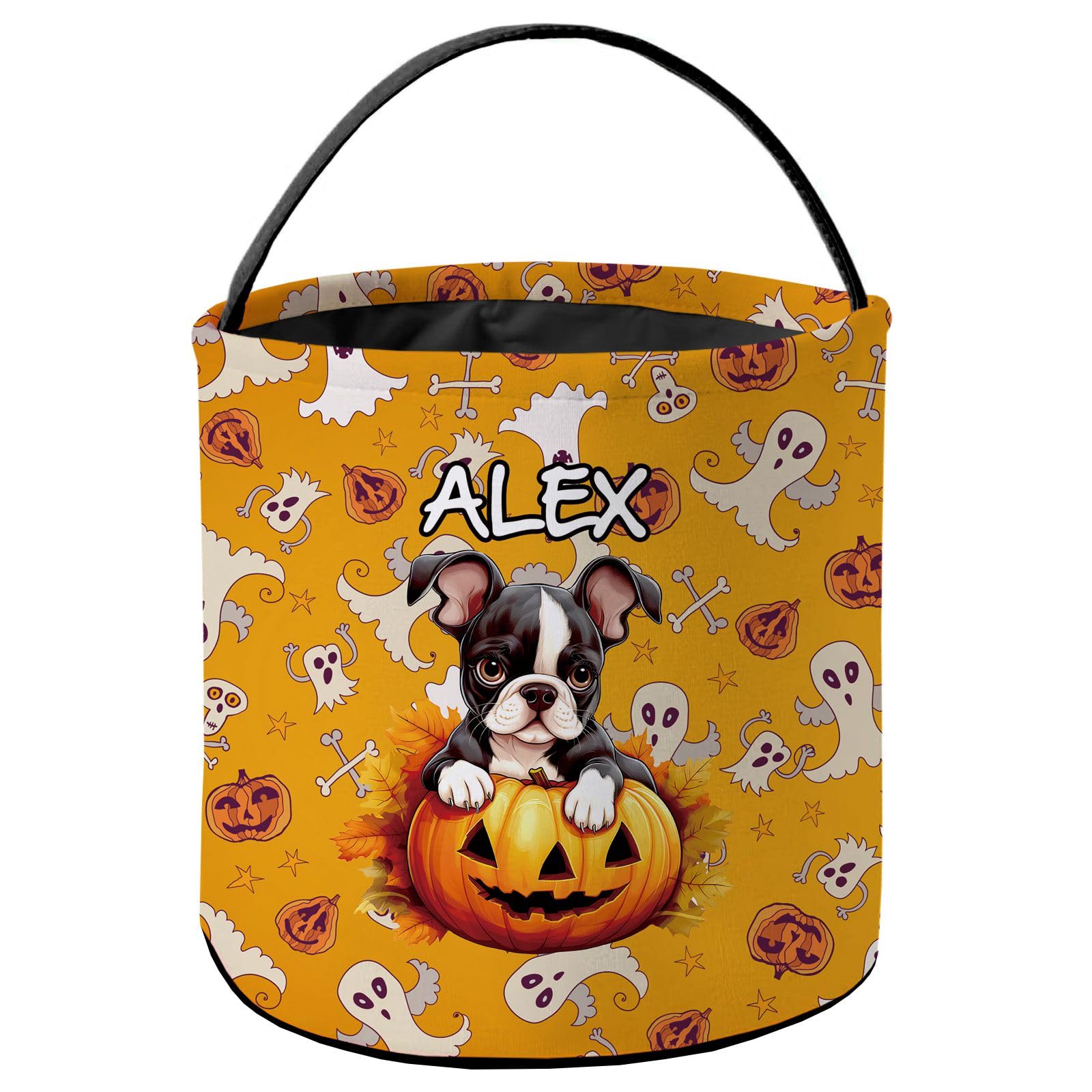 KafePross Personalized Halloween Trick or Treat Bag Boston Terrier Dog Lovely Puppy Pumkin Ghost Decor Basket Candy Gifts Bucket for Kids 9 x 9.8 Inch Yellow