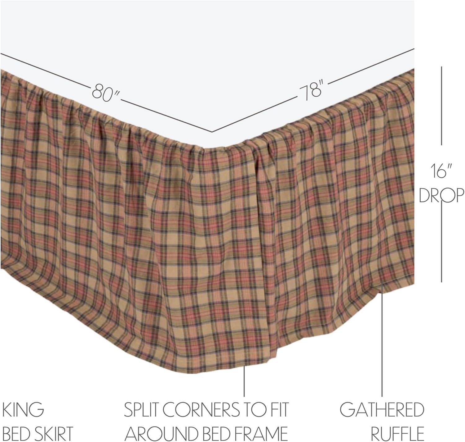 VHC Brands Crosswoods Plaid Cotton Primitive Split Corners Gathered King Bed Skirt, Natural Tan