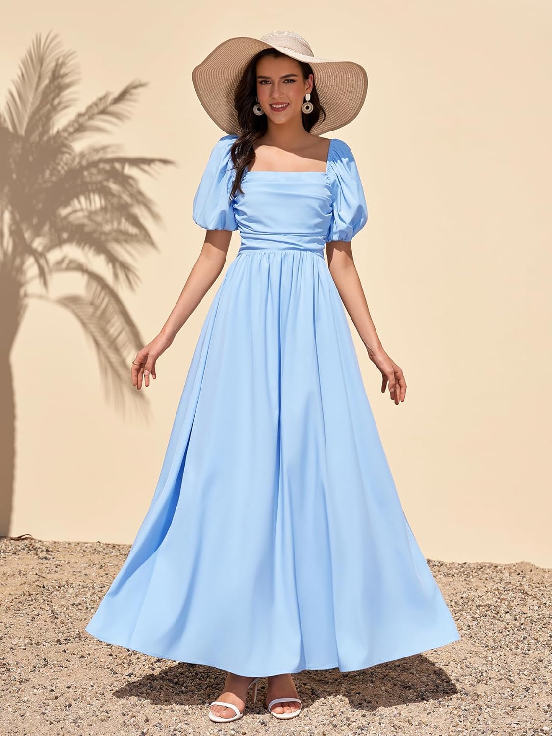 Womens Summer Midi Dress Square Neck Short Puff Sleeve Boho Sundress for Women A Line Wedding Guest Dresses - Image 4