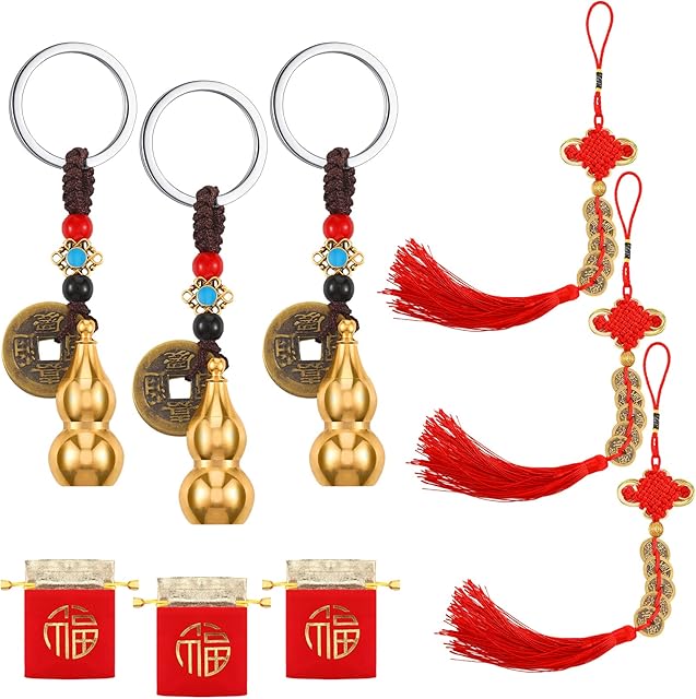 6 Pcs Chinese Feng Shui Decoration Set 3 Lucky Coins Chinese Knot Pendant 3Copper Gourd Pendant with 3 Lucky Bag Lucky Charm Ancient Good Luck Coins for Wealth and Success