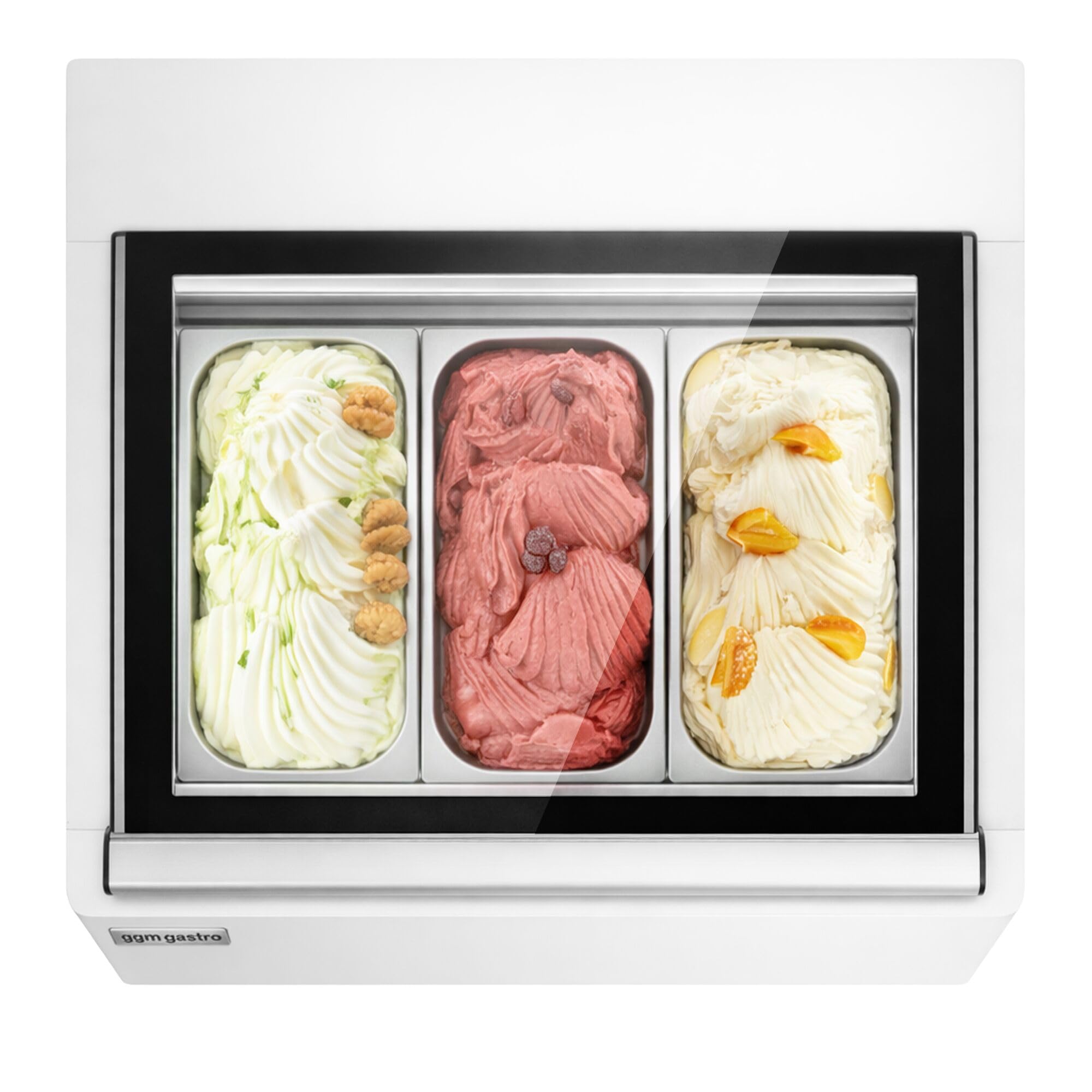 Tisch-Eisvitrine - 670mm - Statisch - für 3x 5 Liter Eisbehälter - Deckelöffnung zur Bedienungsseite | robuste Edelstahlbauweise, beheizbare Scheiben, digitale Temperaturkontrolle, automatische Abtauung, sofort einsatzbereit