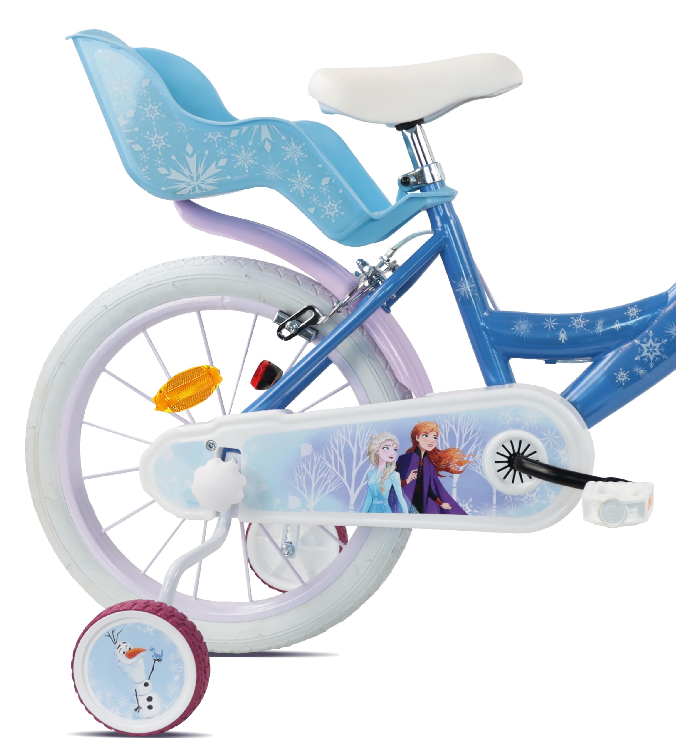 Vélo 16'' Fille Reine des Neiges/Licence Frozen de Disney - 2 Freins Caliper - Pneus Gonflables - Panier Avant - Porte-poupée arrière - Garde-Boue 2 Stabilisateurs + Casque Frozen Inclus !