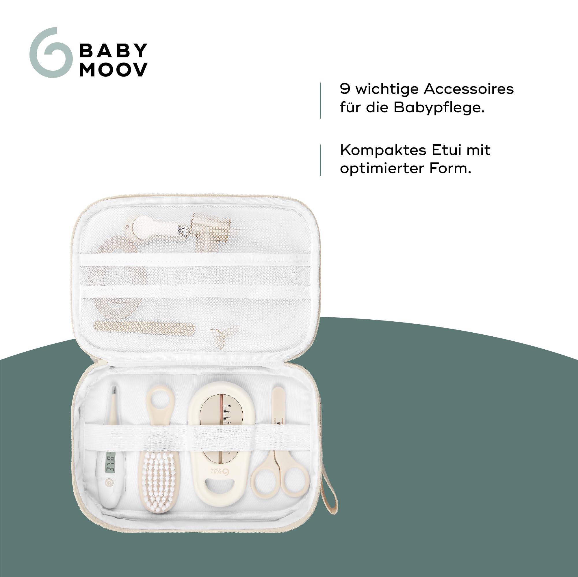 Babymoov Babypflege-Set - Kompakt & praktisch, Ab der Geburt, 9 wichtige Accessoires, darunter Haarbürste, digitales Thermometer, Badethermometer, kleiner Nagelknipser, Nagelschere, Nagelfeile, Sand