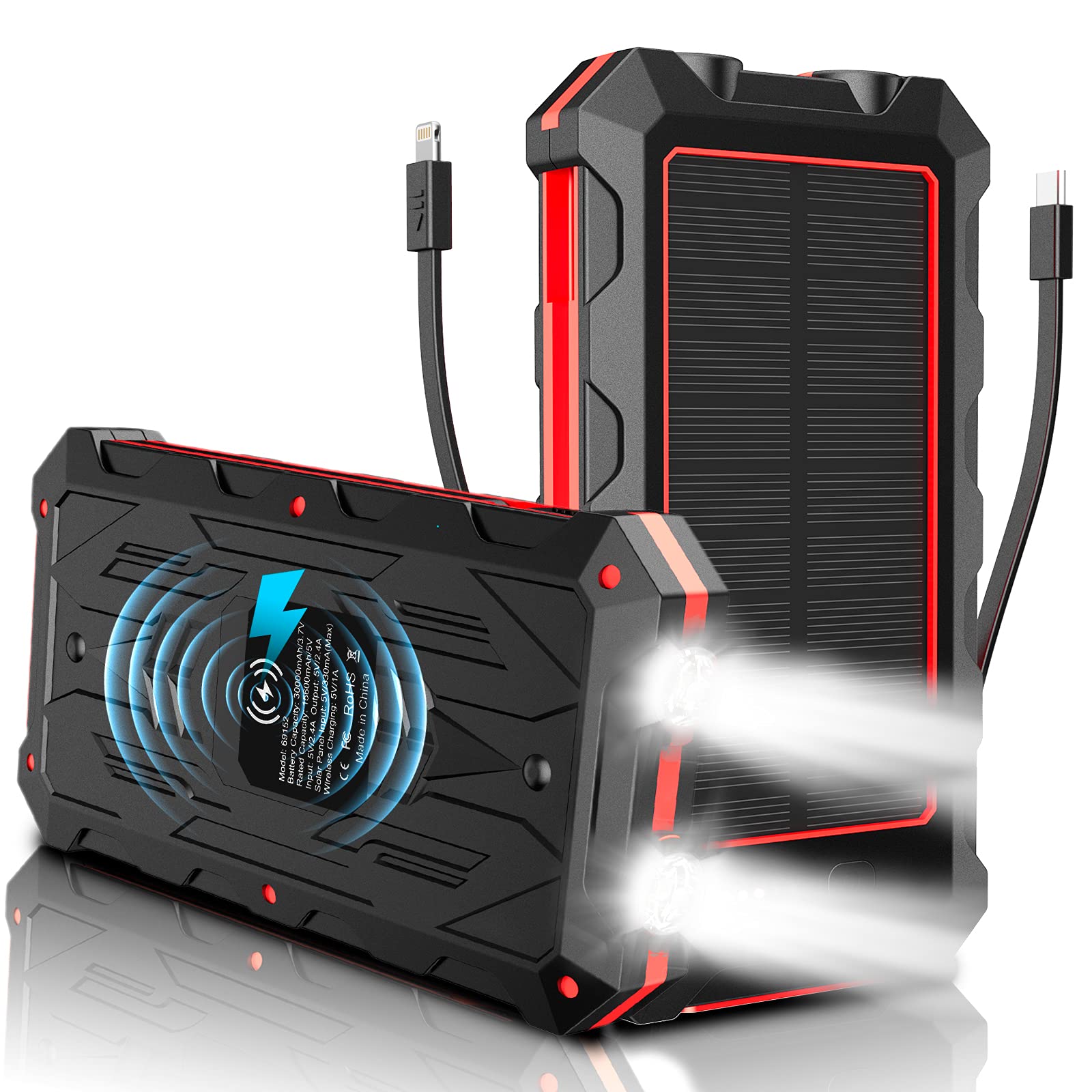 Solar Charger 30000mAh, Alltripal Wireless Power Bank with 5 Outputs & 2 Inputs, USB C Quick Charge Portable Charger with LED Flashlight Camping Rainproof Backup Battery for Smartphones,Tablets & More